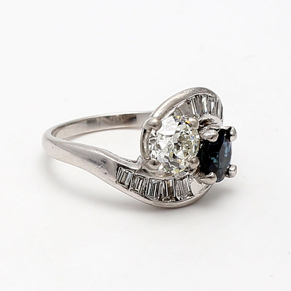 1.10 Carat Circular Brilliant Cut J SI1 Diamond and Sapphire Platinum Two-Stone Ring