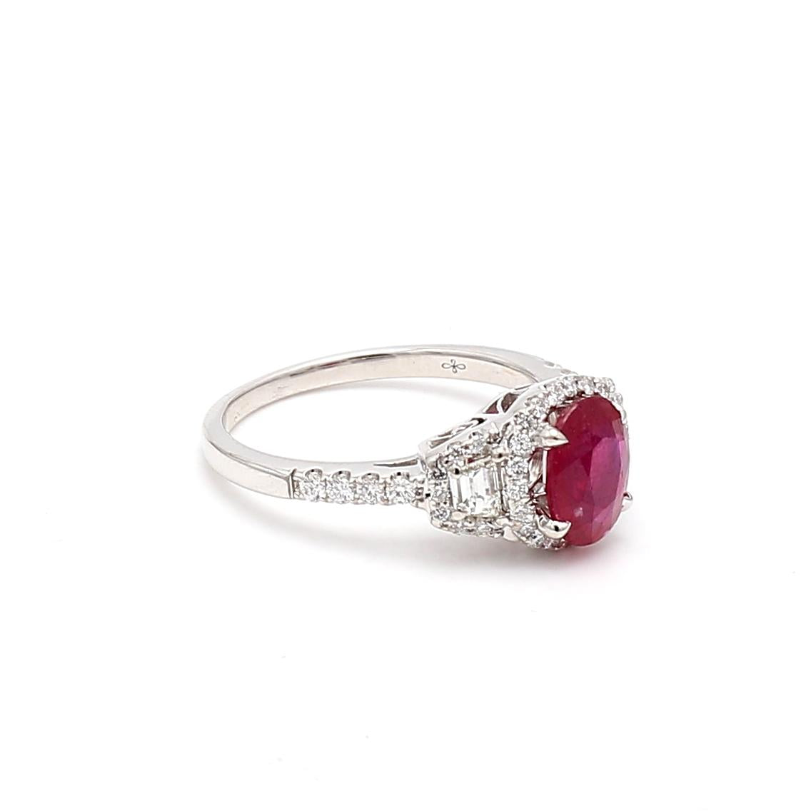 1.53 Carat Ruby 1.10 Carat Round and Trapezoid Diamond 18K WG Engagement Ring