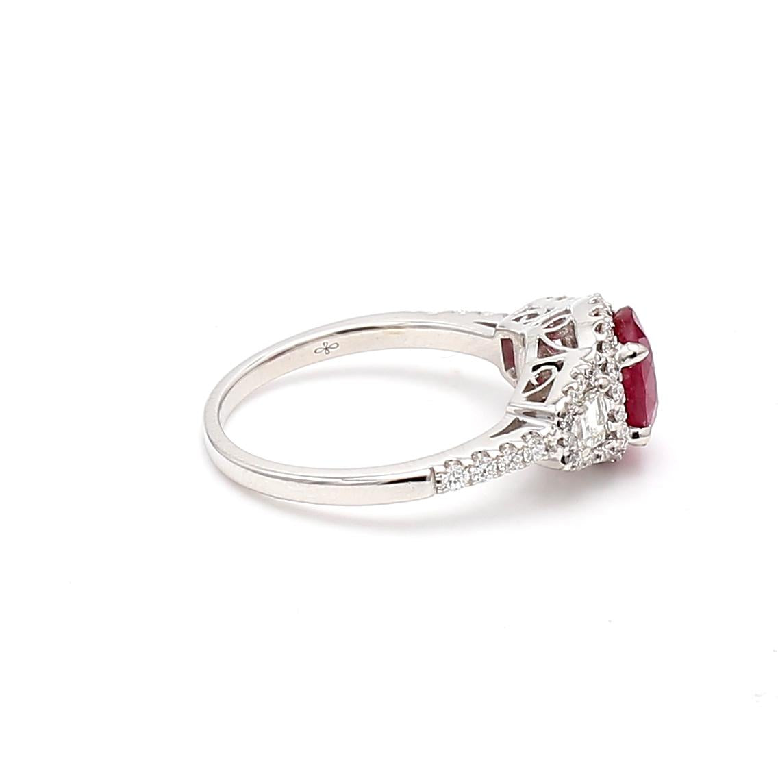 1.53 Carat Ruby 1.10 Carat Round and Trapezoid Diamond 18K WG Engagement Ring