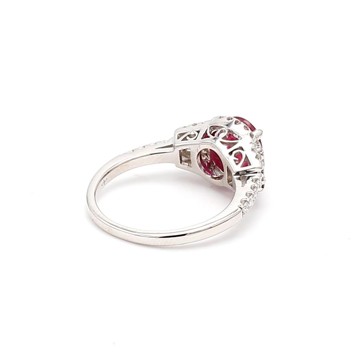 1.53 Carat Ruby 1.10 Carat Round and Trapezoid Diamond 18K WG Engagement Ring