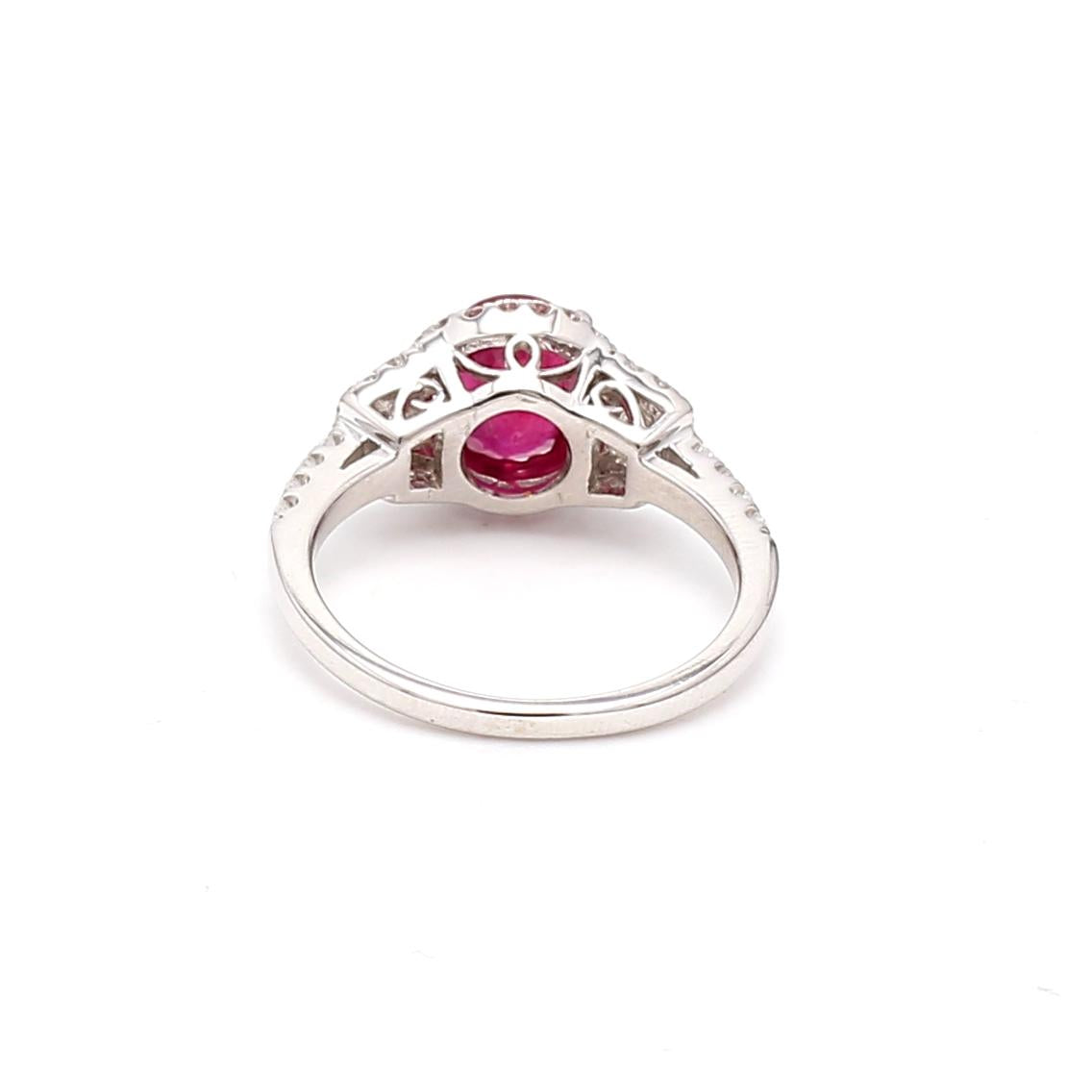 1.53 Carat Ruby 1.10 Carat Round and Trapezoid Diamond 18K WG Engagement Ring