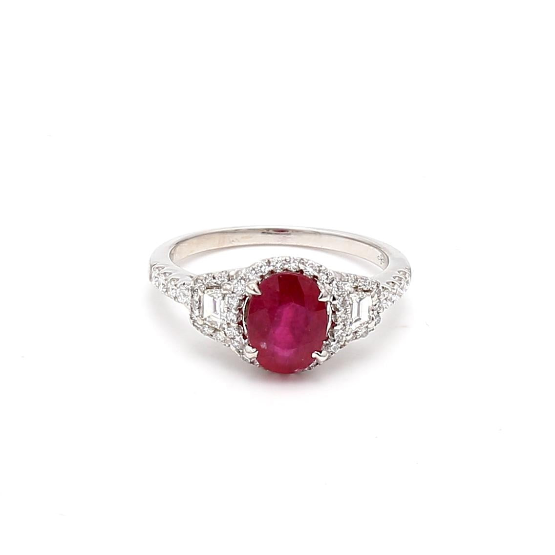 1.53 Carat Ruby 1.10 Carat Round and Trapezoid Diamond 18K WG Engagement Ring