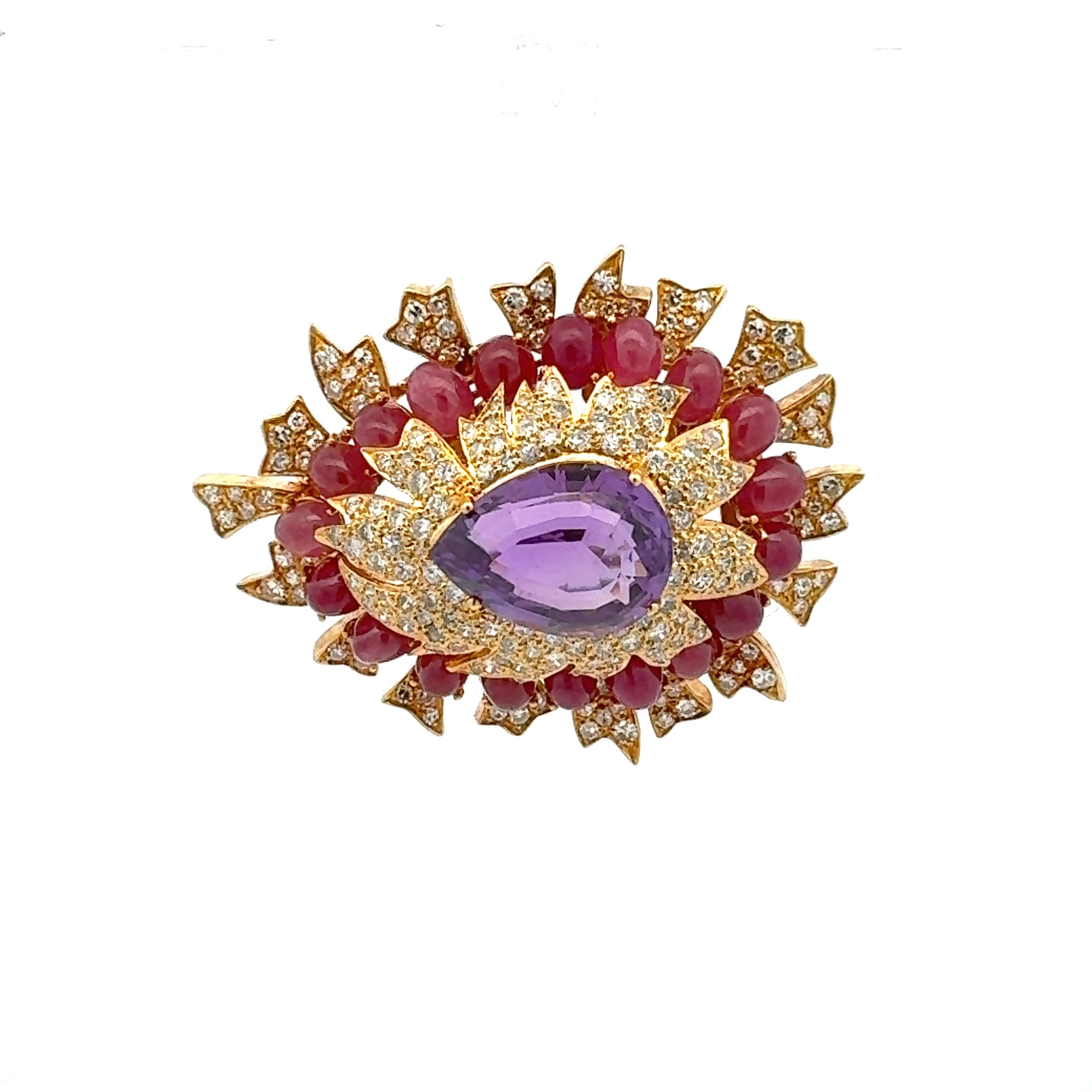 David Webb 9.50 Carat Ruby 9.00 Carat Amethysts 6.54 Carat Diamond 18K YG Pin
