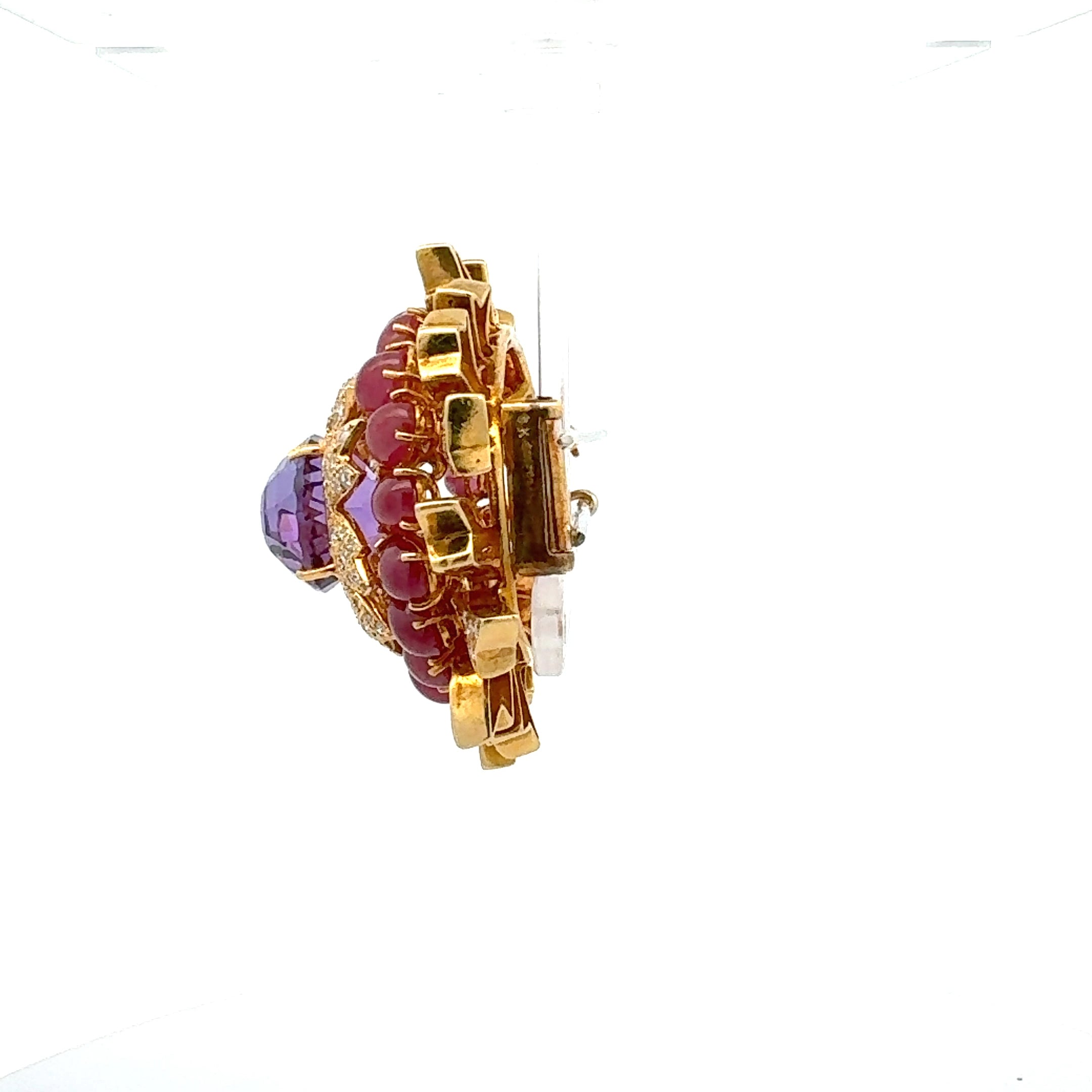 David Webb 9.50 Carat Ruby 9.00 Carat Amethysts 6.54 Carat Diamond 18K YG Pin