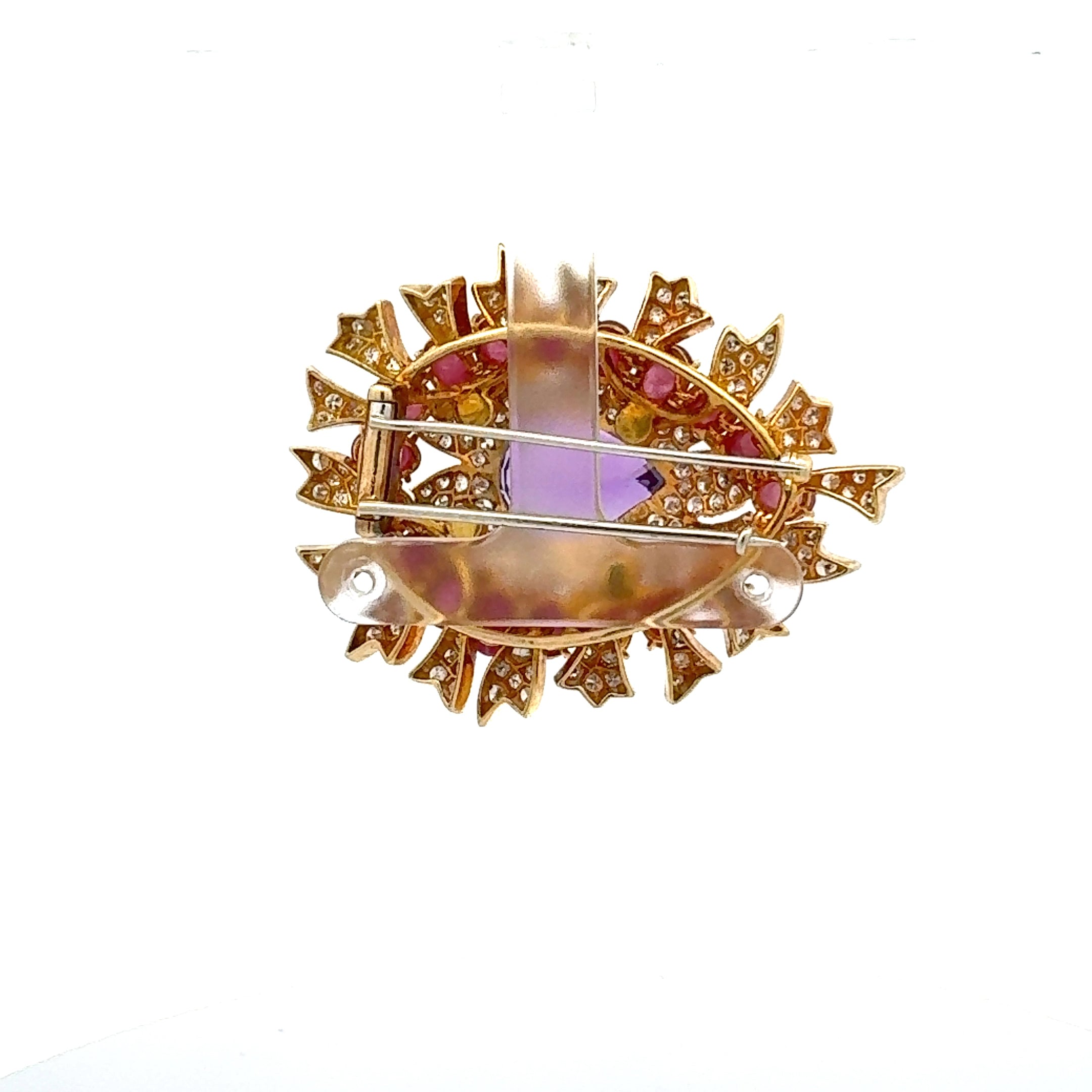 David Webb 9.50 Carat Ruby 9.00 Carat Amethysts 6.54 Carat Diamond 18K YG Pin