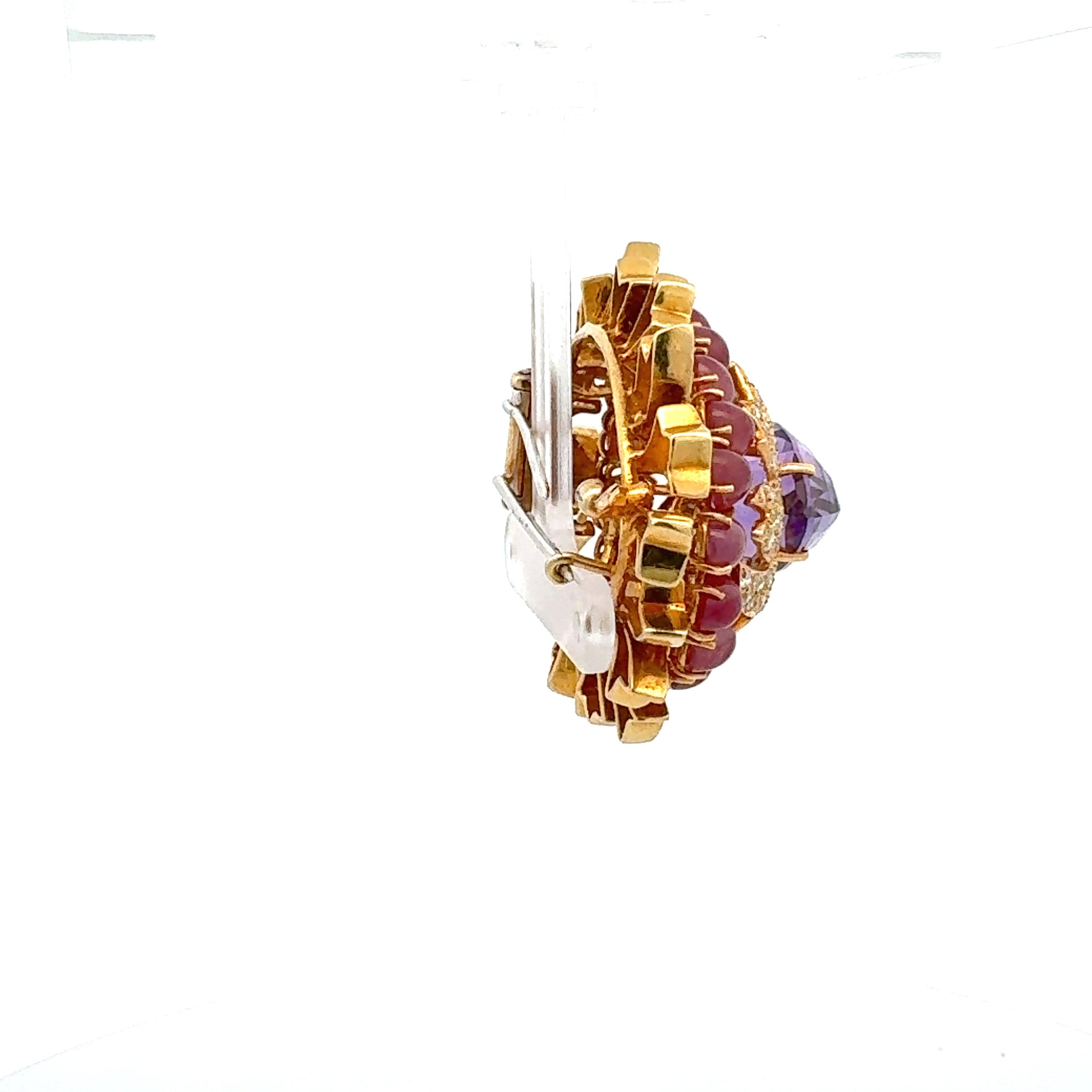David Webb 9.50 Carat Ruby 9.00 Carat Amethysts 6.54 Carat Diamond 18K YG Pin