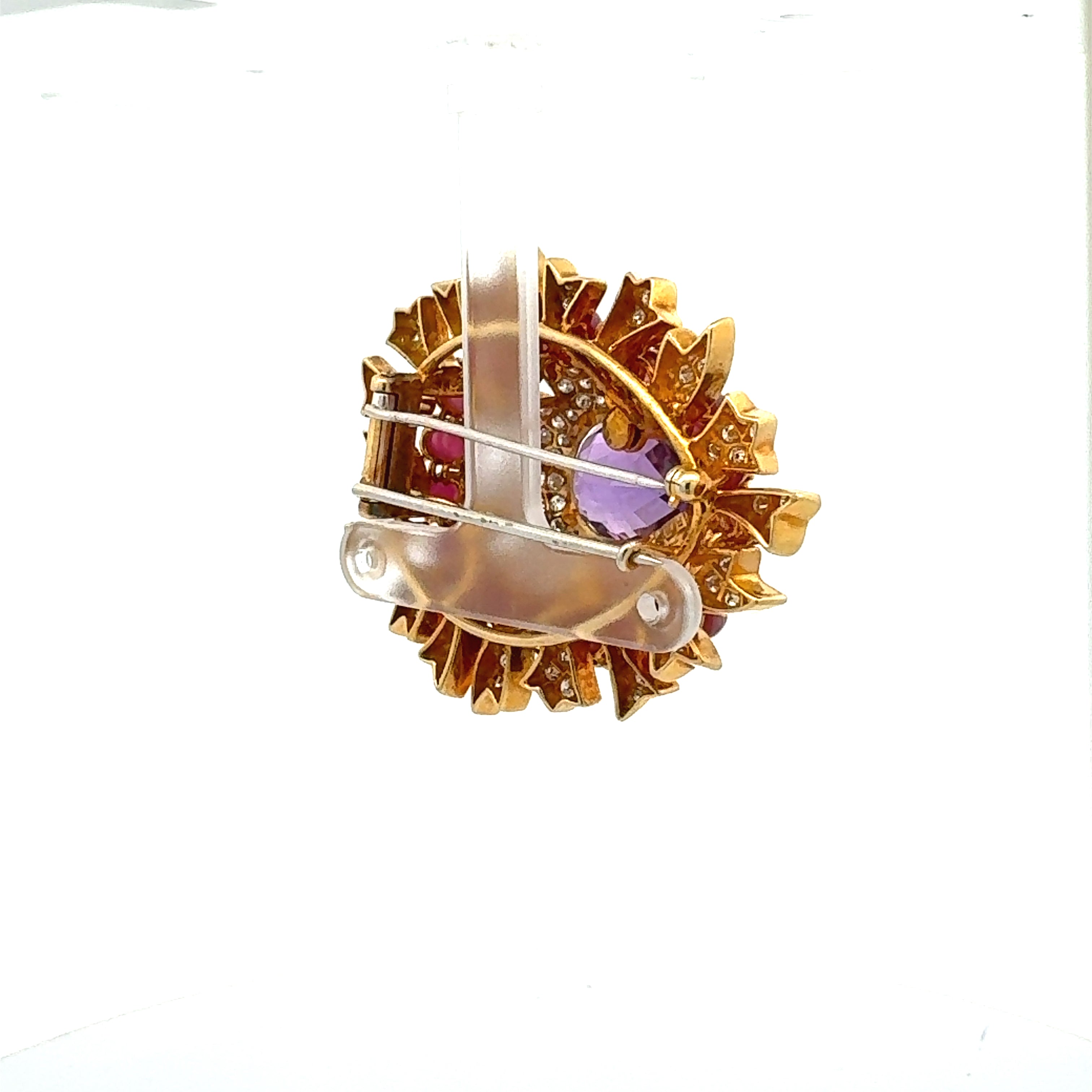 David Webb 9.50 Carat Ruby 9.00 Carat Amethysts 6.54 Carat Diamond 18K YG Pin