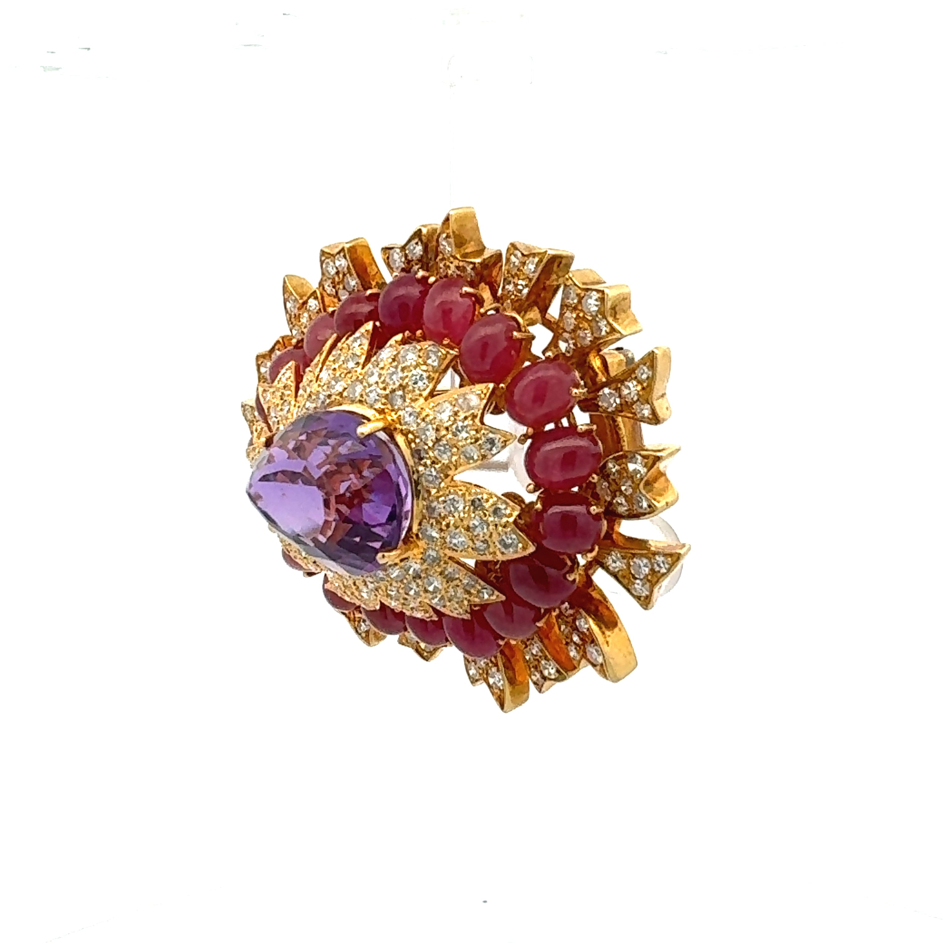 David Webb 9.50 Carat Ruby 9.00 Carat Amethysts 6.54 Carat Diamond 18K YG Pin