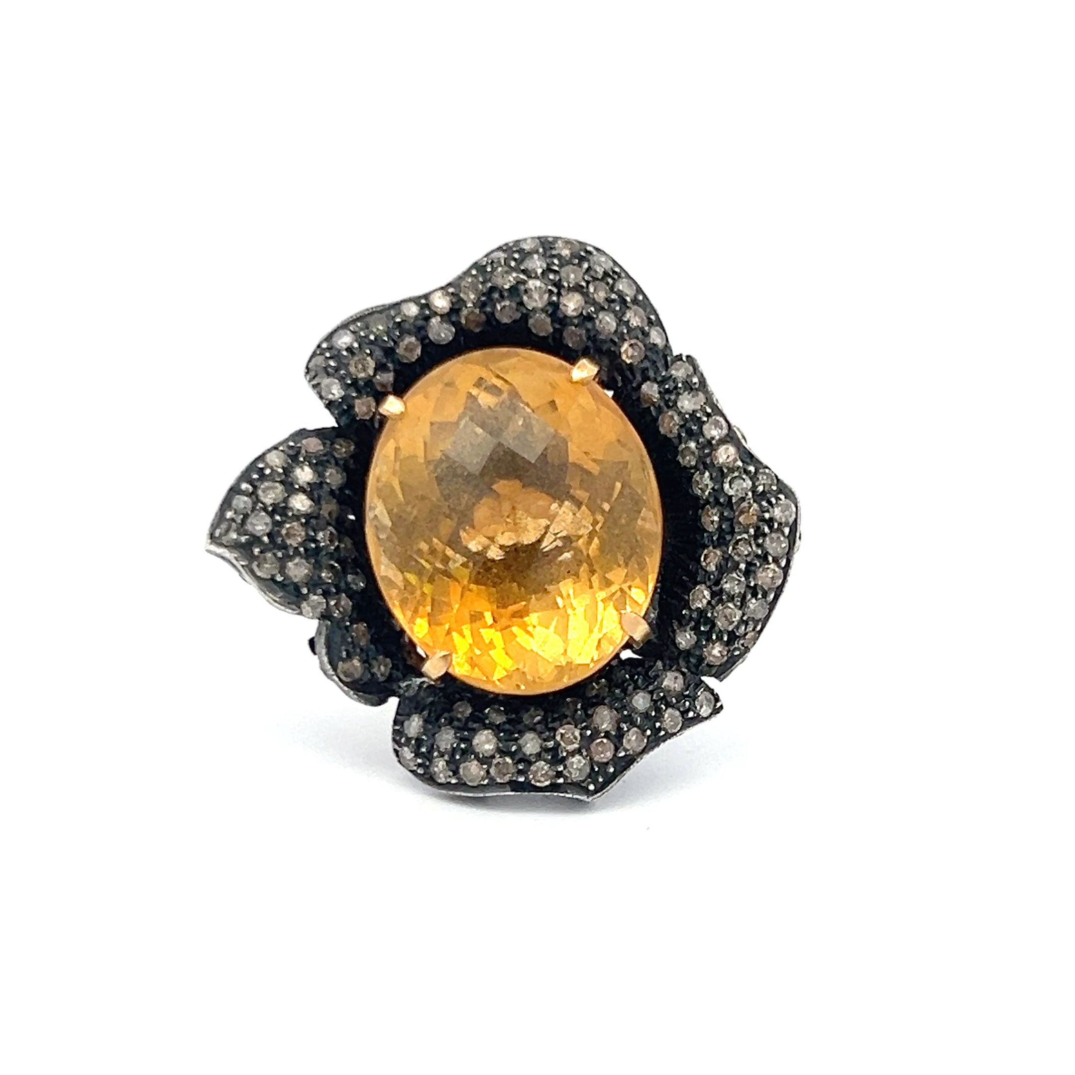 32.00 Carat Citrine 0.50 Carat Round Diamond 18K Yellow Gold/Silver Gems Stone Ring