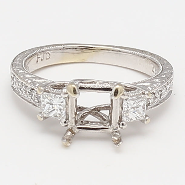 0.45 Carat Princess Cut and Round Diamond 18K White Gold Semi Mount Ring