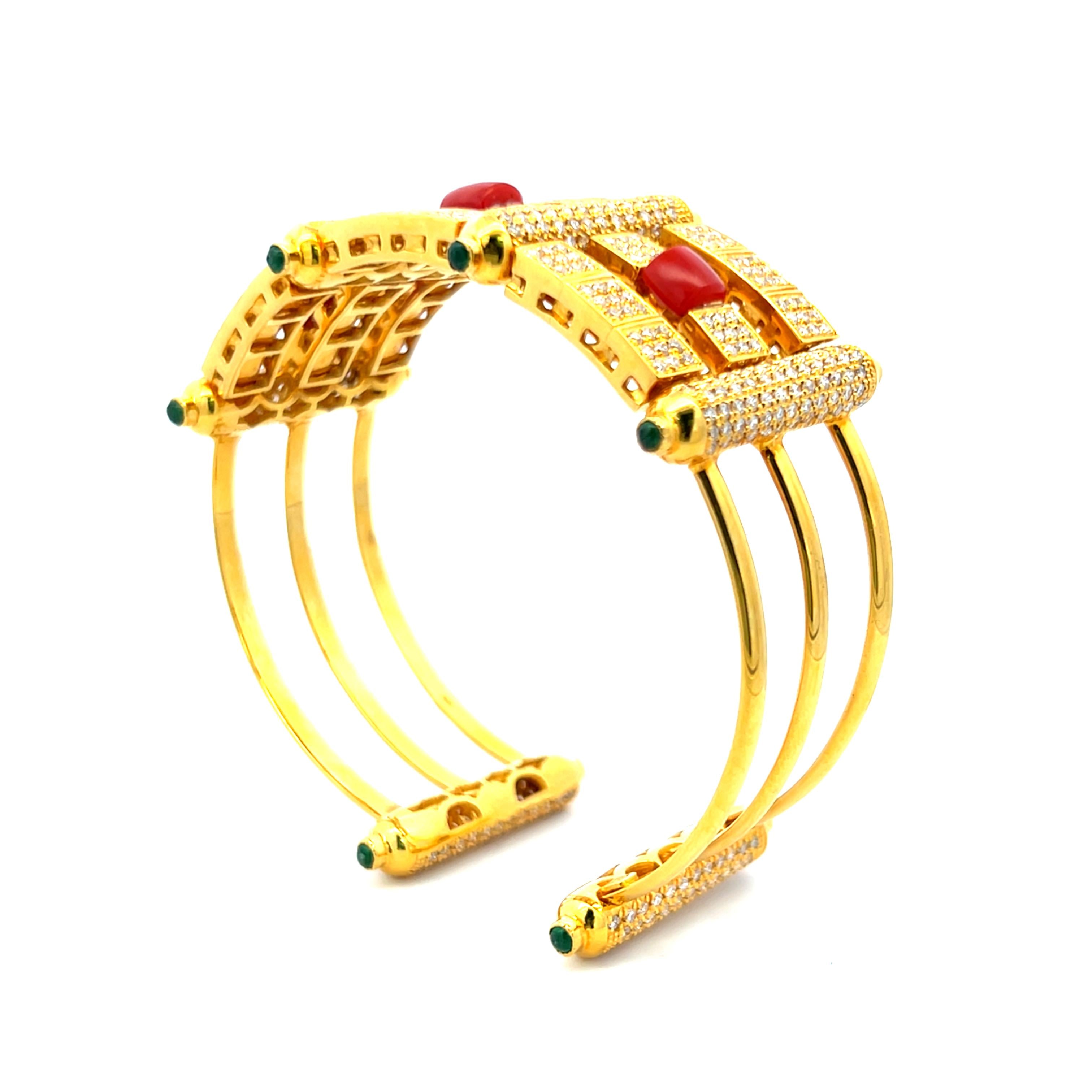 3.50 Carat Round Diamond 1.00 Carat Emerald and 5.2mm Coral 18K YG Cuff Bracelet