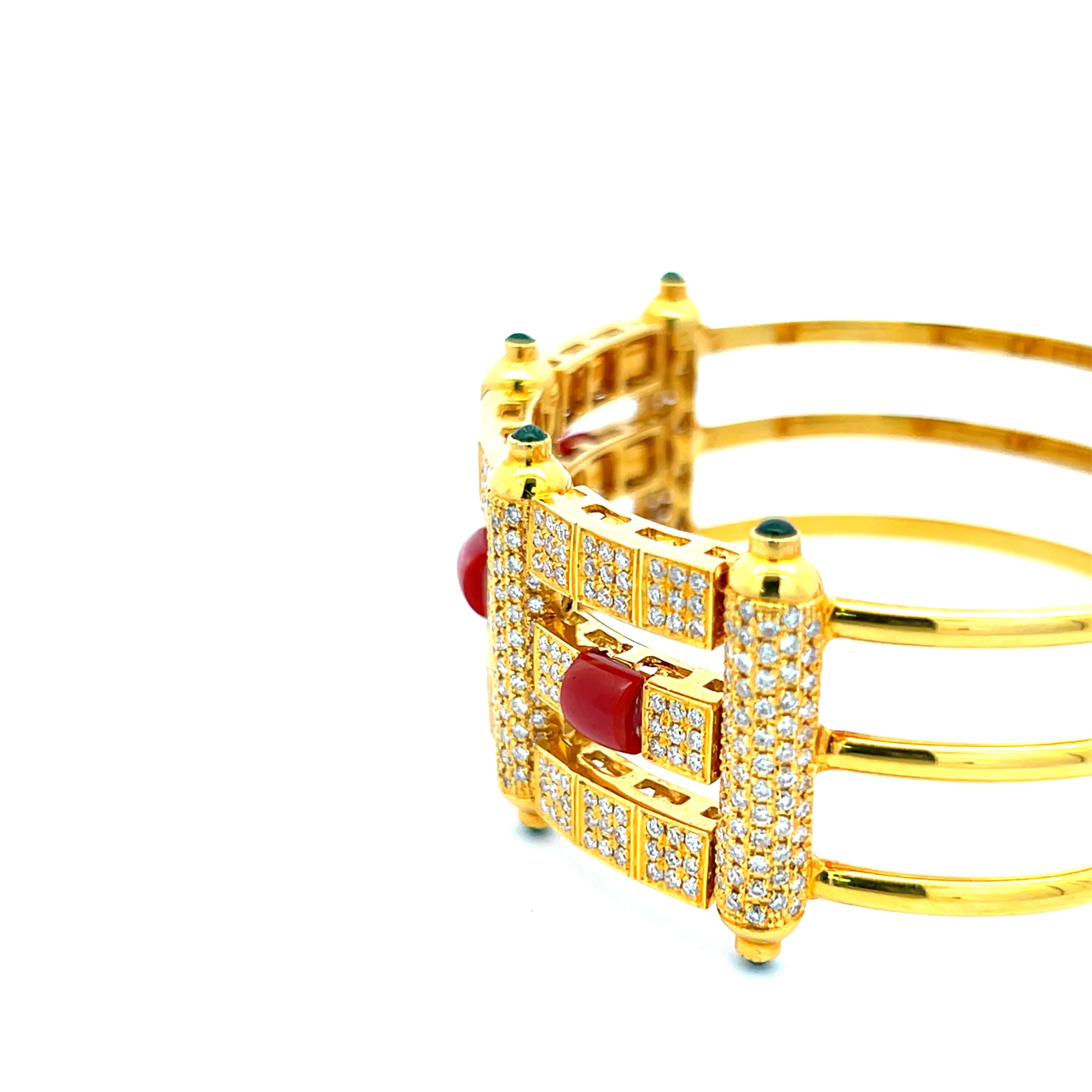 3.50 Carat Round Diamond 1.00 Carat Emerald and 5.2mm Coral 18K YG Cuff Bracelet