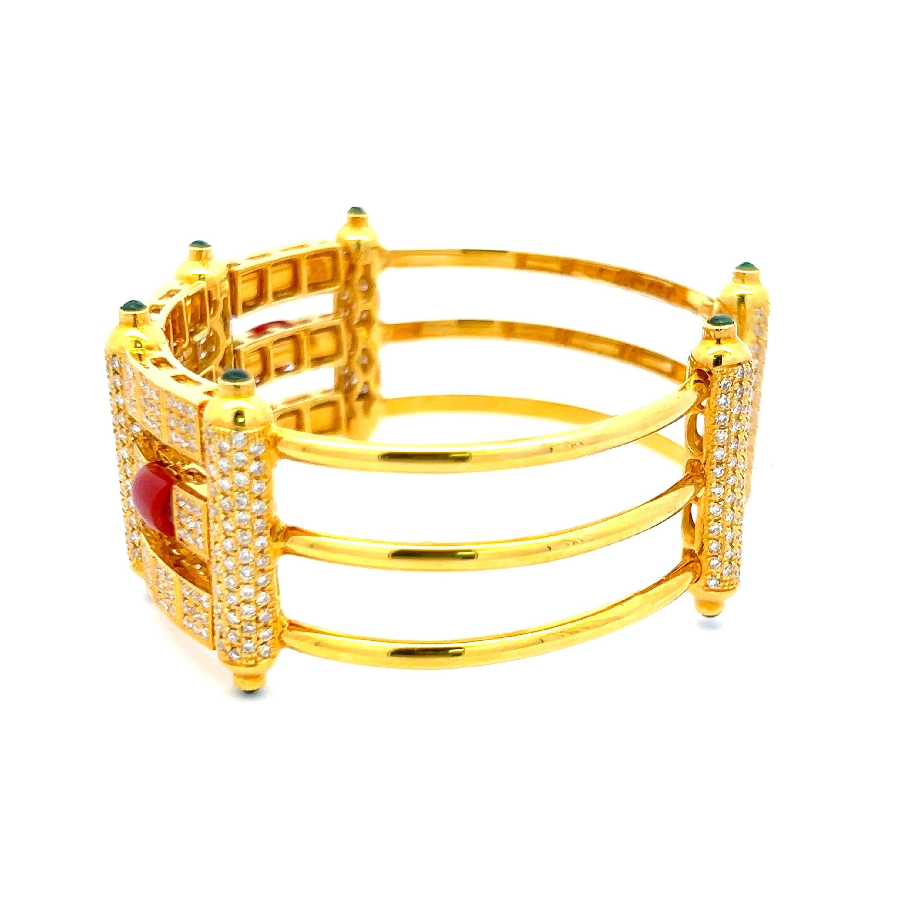 3.50 Carat Round Diamond 1.00 Carat Emerald and 5.2mm Coral 18K YG Cuff Bracelet