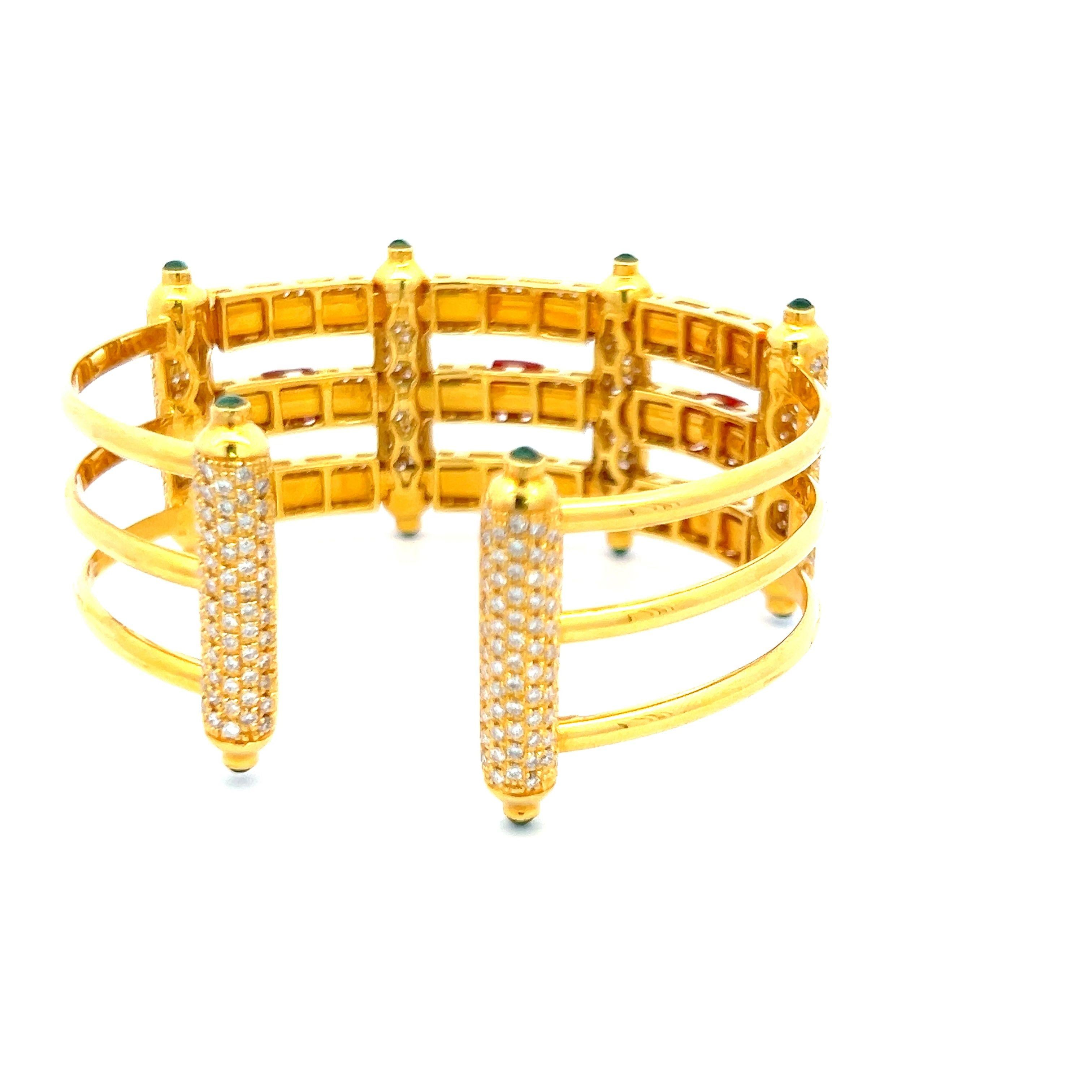 3.50 Carat Round Diamond 1.00 Carat Emerald and 5.2mm Coral 18K YG Cuff Bracelet