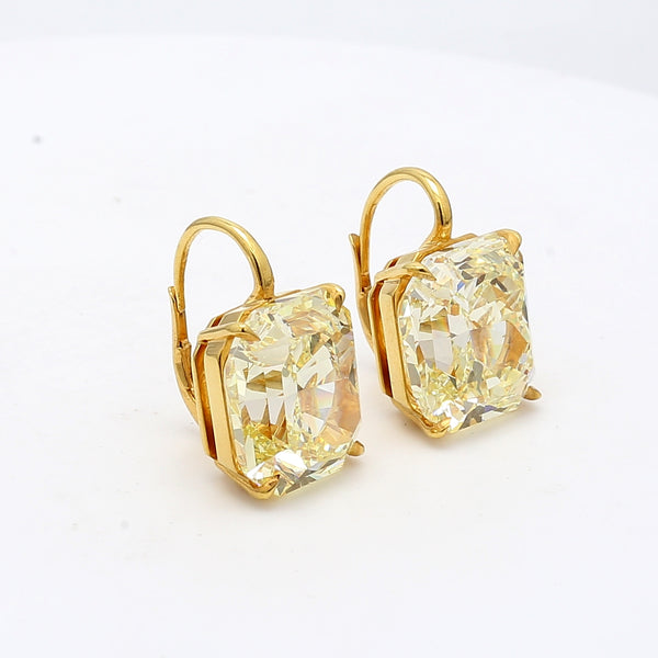 29.57 Carat Radiant Cut Fancy Yellow VVS2 Diamond 18K Yellow Gold Dangling Earrings