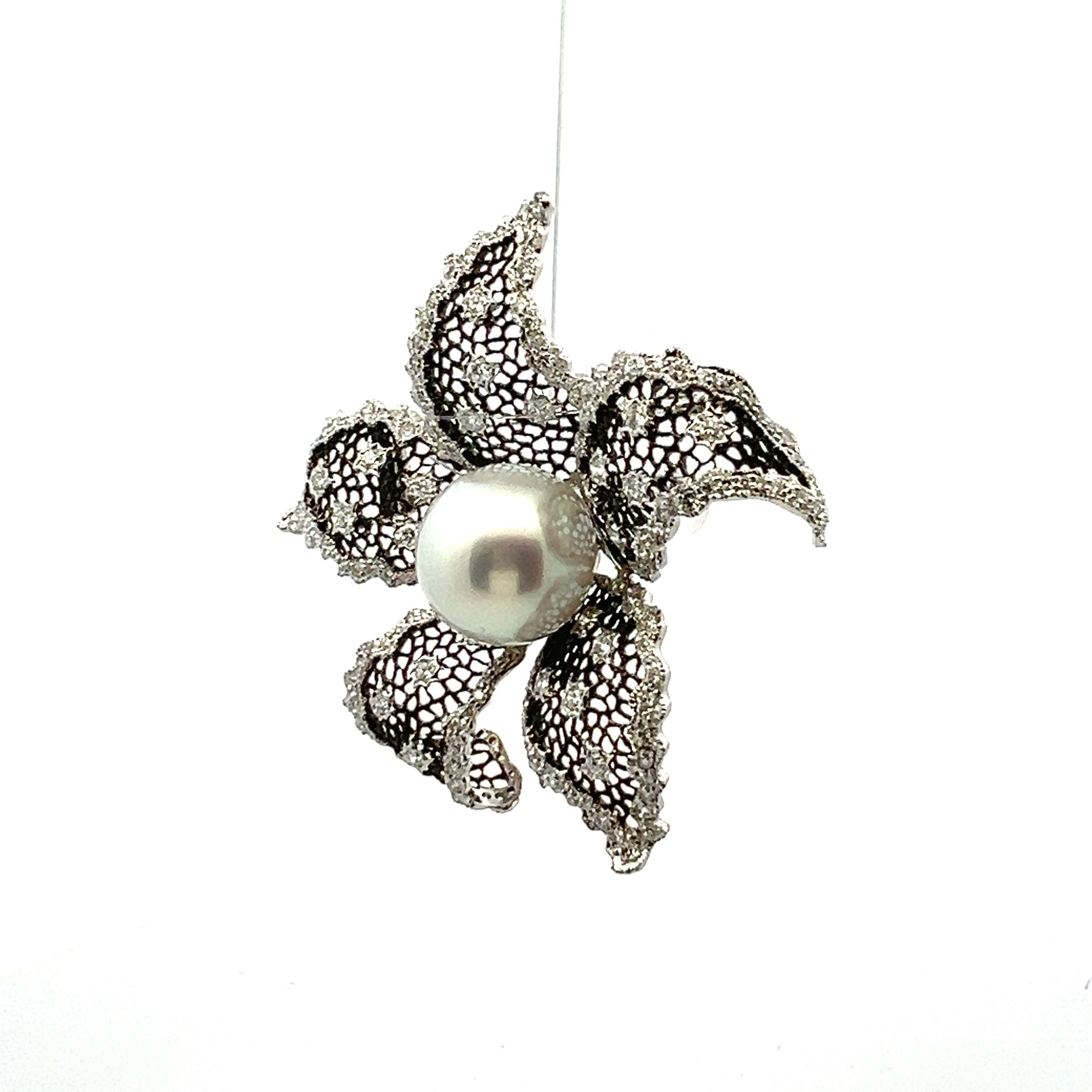 2.00 Carat Round Brilliant F VS1 Diamond 1.00 Carat Pearl 18 Karat White Gold Brooch