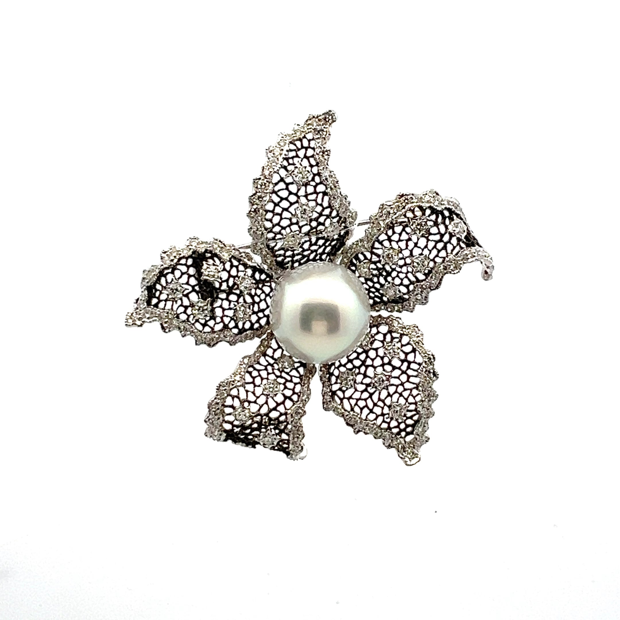 2.00 Carat Round Brilliant F VS1 Diamond 1.00 Carat Pearl 18 Karat White Gold Brooch
