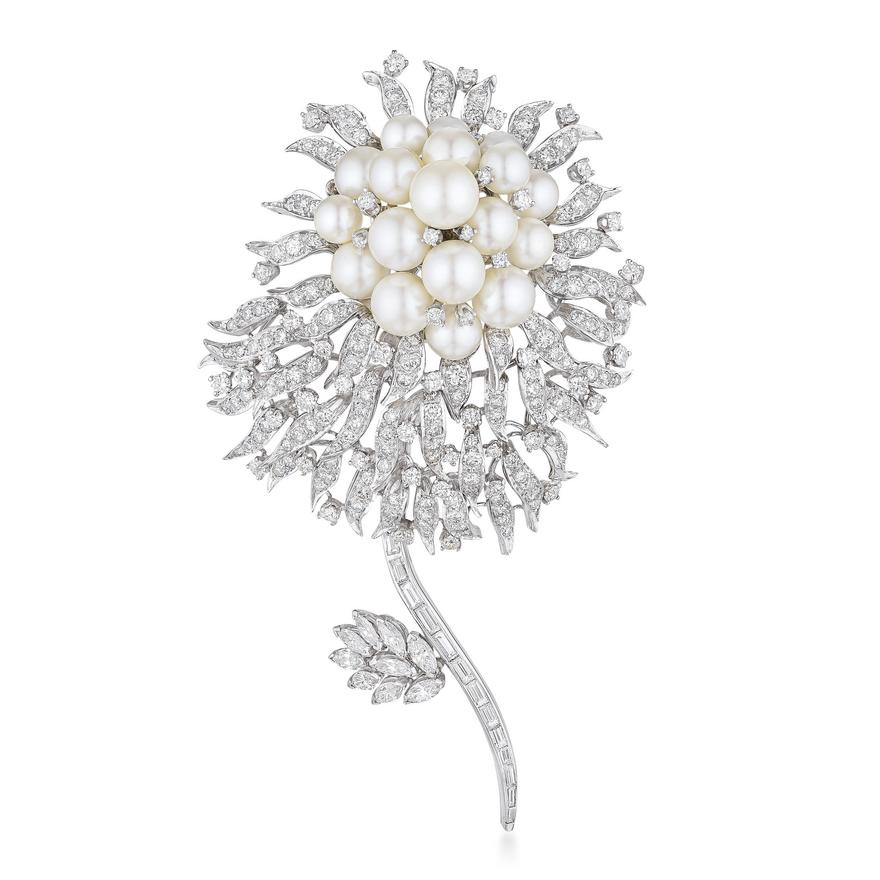 3.15 Carat Mixed Cut H VS1 Diamond White Platinum Pearl Pin