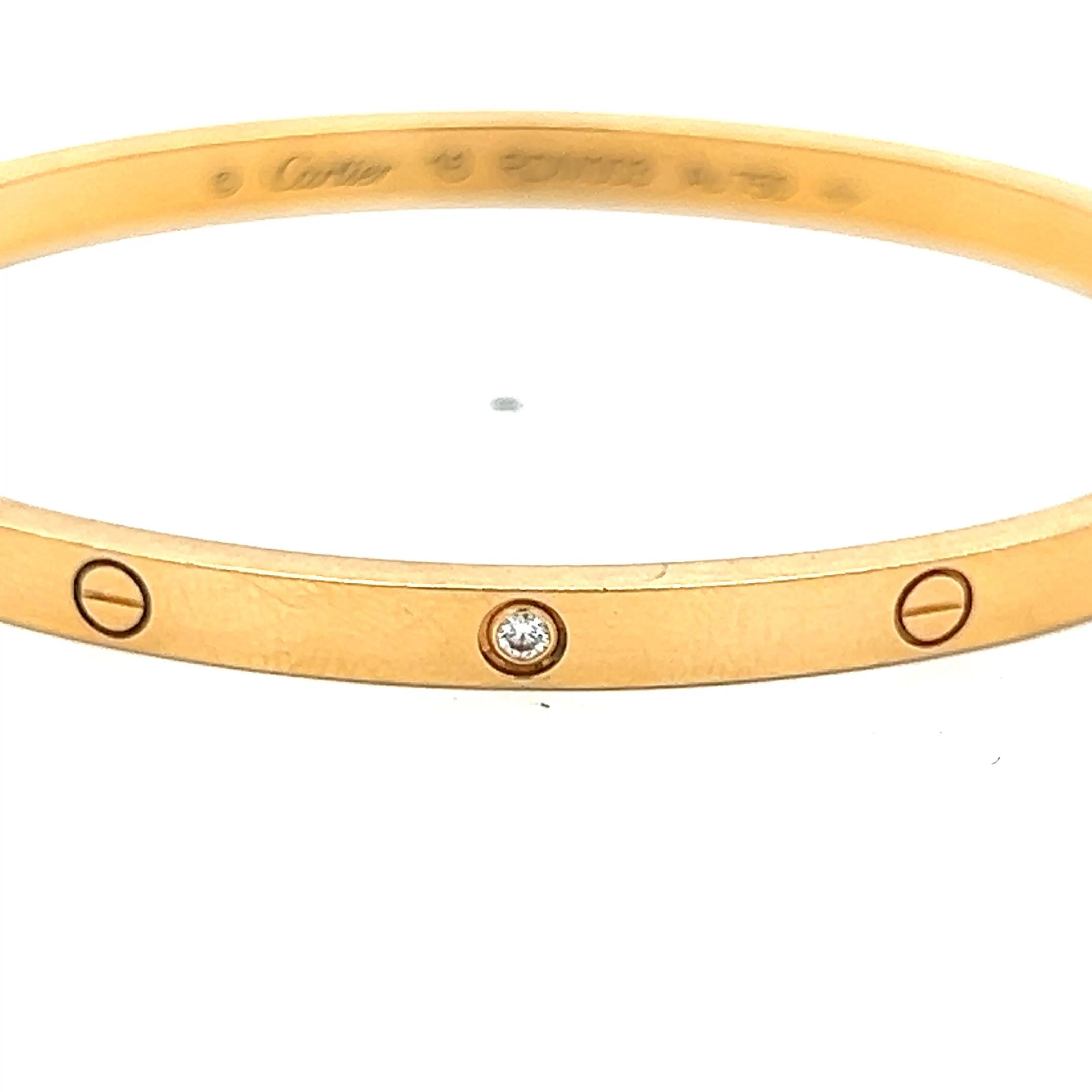 Cartier 0.15 Carat Round Diamond 18K Yellow Gold Love Bracelet with Cert Size 16
