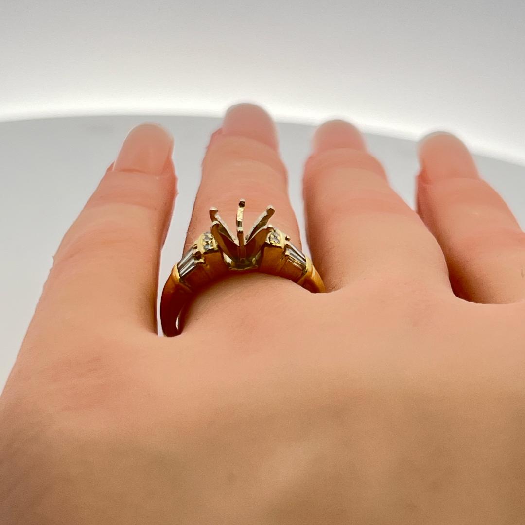0.33 Carat Tapered Baguette and Round Diamond 14K Yellow Gold Semi Mount Ring