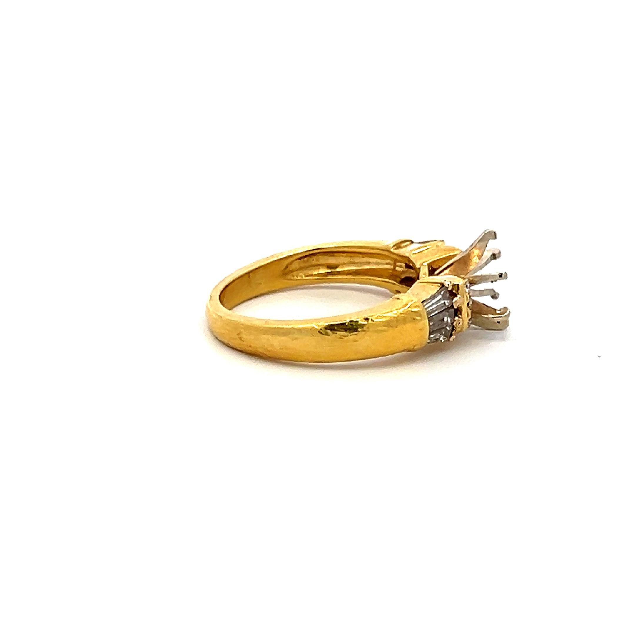 0.33 Carat Tapered Baguette and Round Diamond 14K Yellow Gold Semi Mount Ring