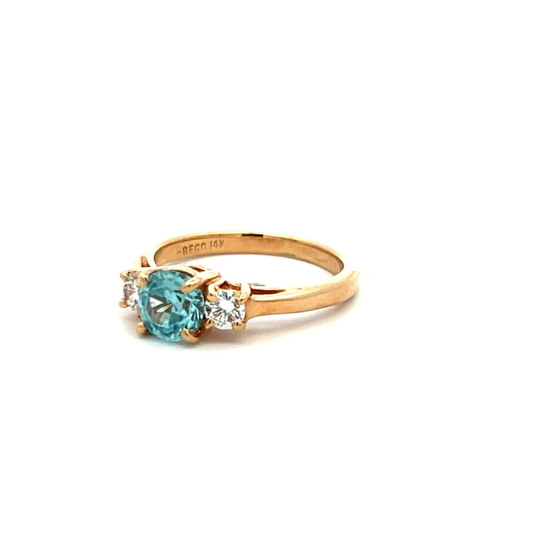 0.50 Carat Blue Zicron 0.20 Carat Round Diamond 14K YG Three-Stone Ring