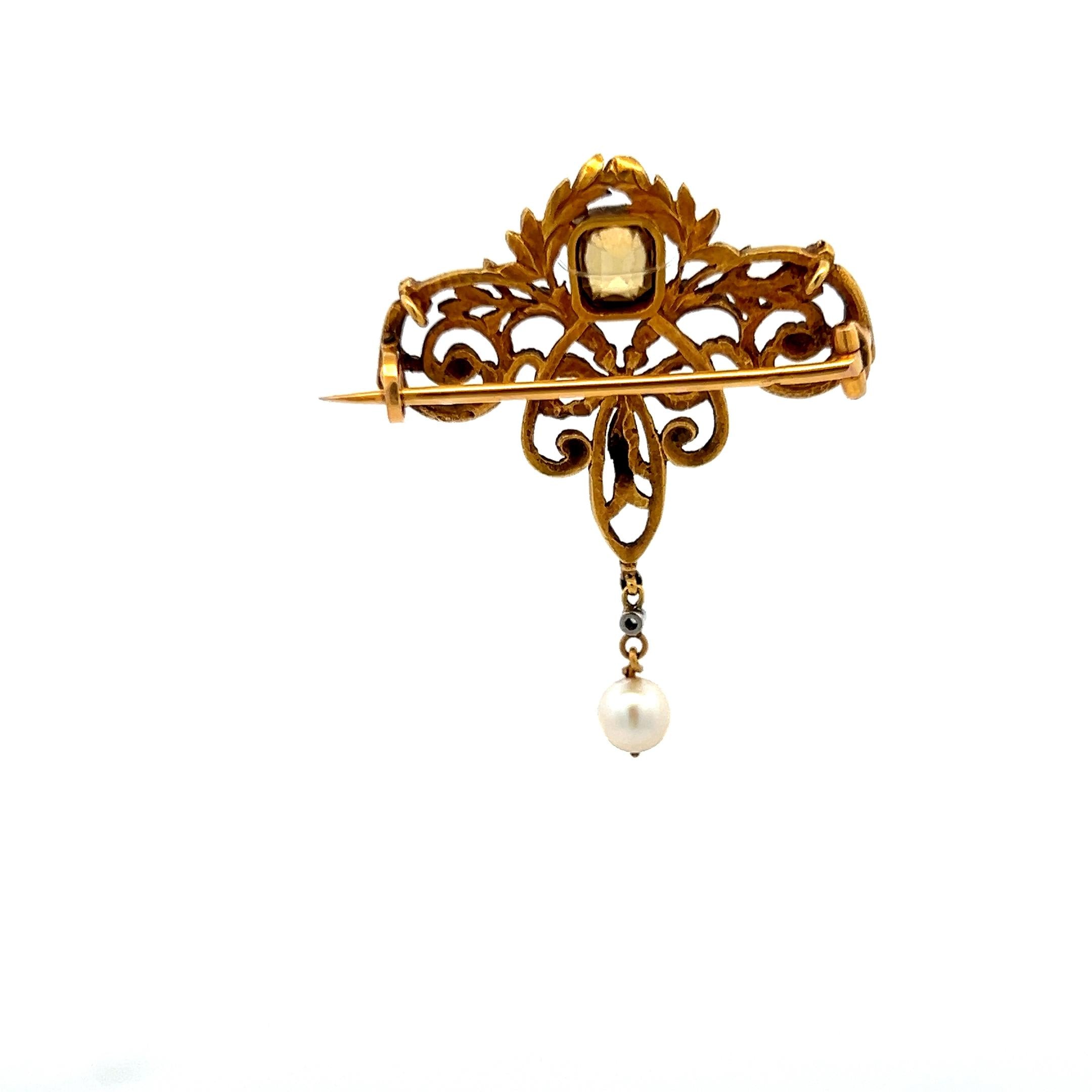 1.00 Carat Citrine 5.8MM Pearl 0.01 Carat Diamond 18K Yellow Gold Pin Brooch