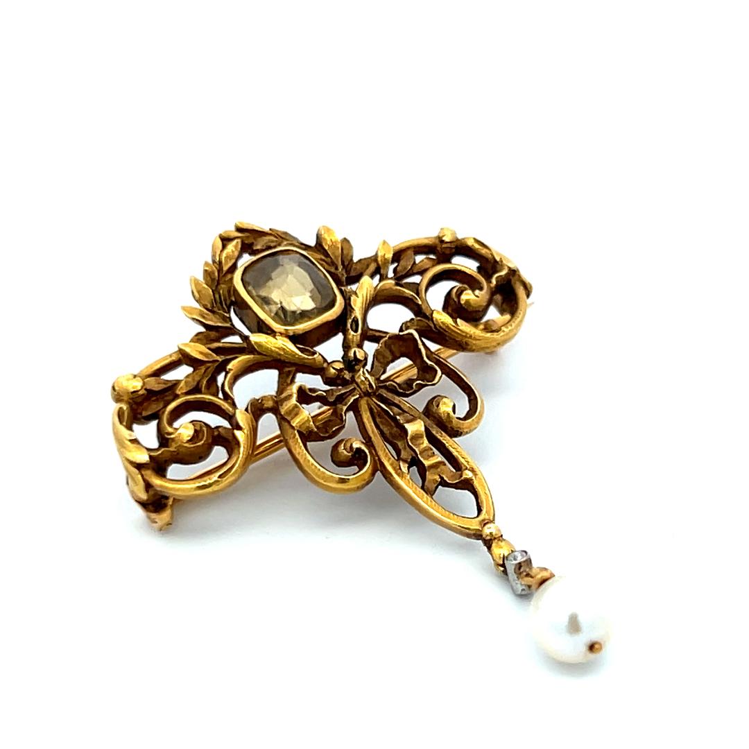 1.00 Carat Citrine 5.8MM Pearl 0.01 Carat Diamond 18K Yellow Gold Pin Brooch