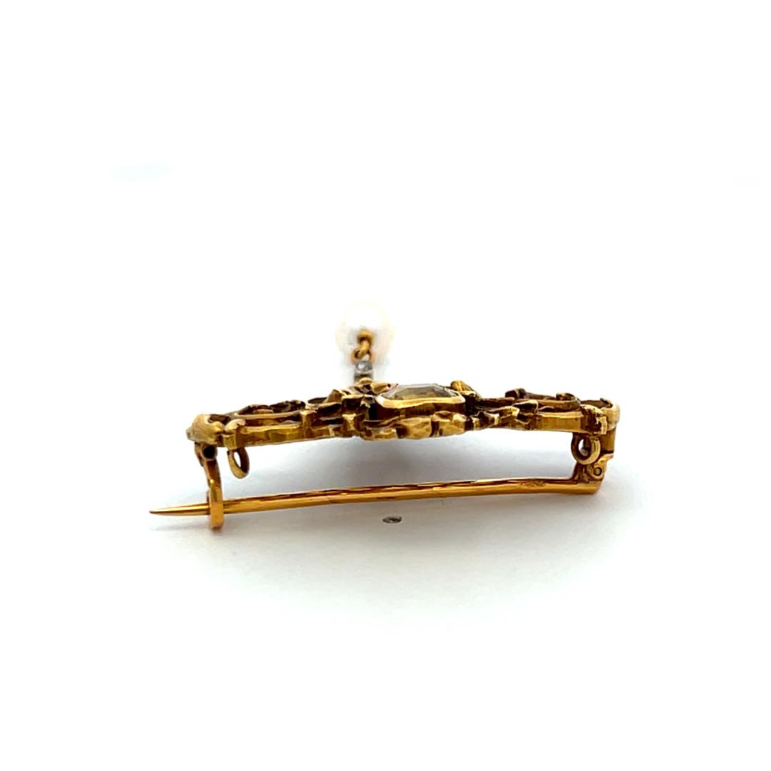 1.00 Carat Citrine 5.8MM Pearl 0.01 Carat Diamond 18K Yellow Gold Pin Brooch