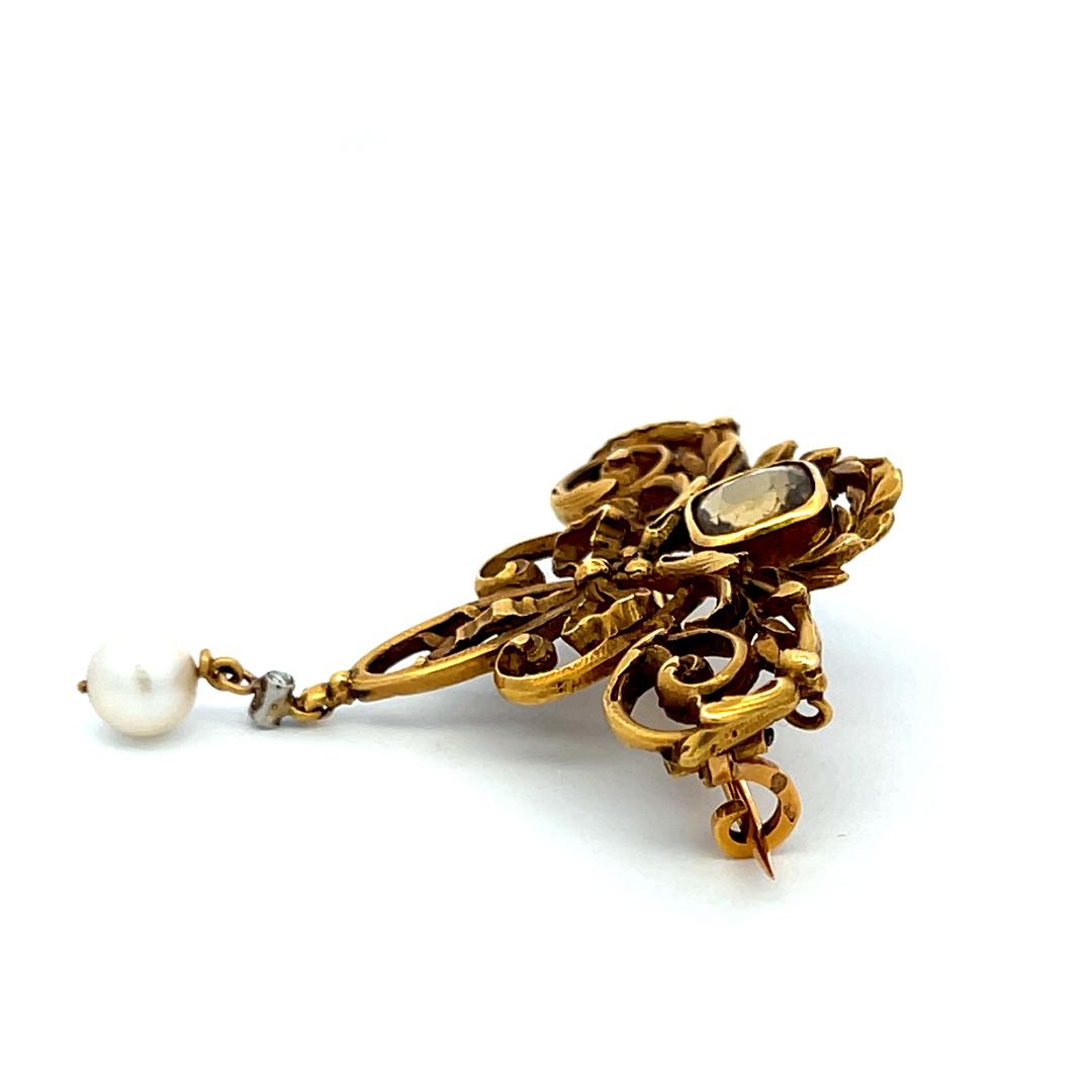 1.00 Carat Citrine 5.8MM Pearl 0.01 Carat Diamond 18K Yellow Gold Pin Brooch
