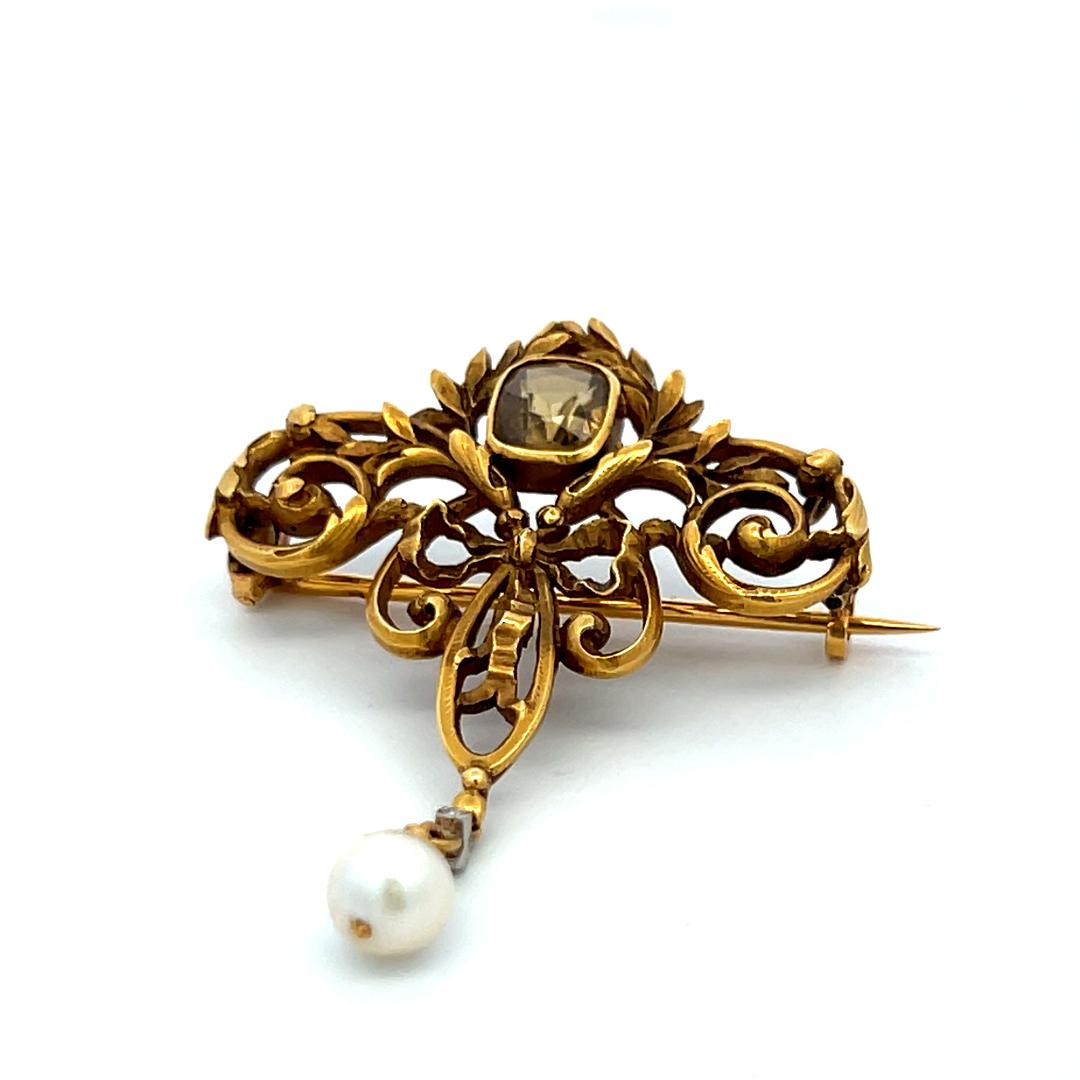 1.00 Carat Citrine 5.8MM Pearl 0.01 Carat Diamond 18K Yellow Gold Pin Brooch