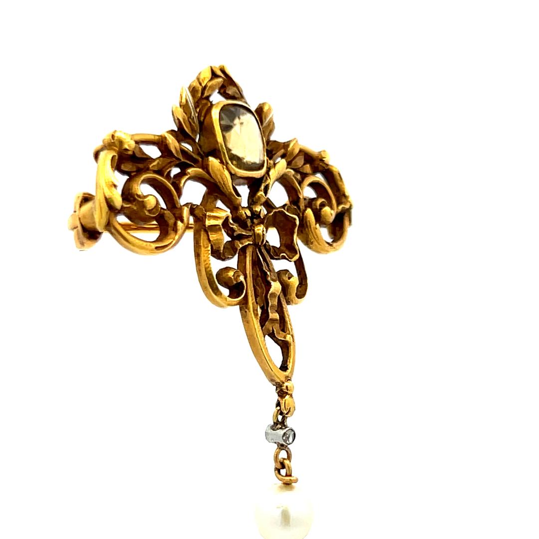 1.00 Carat Citrine 5.8MM Pearl 0.01 Carat Diamond 18K Yellow Gold Pin Brooch