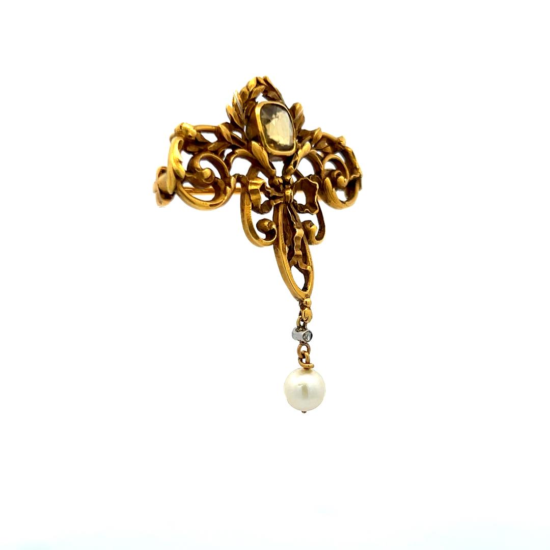 1.00 Carat Citrine 5.8MM Pearl 0.01 Carat Diamond 18K Yellow Gold Pin Brooch