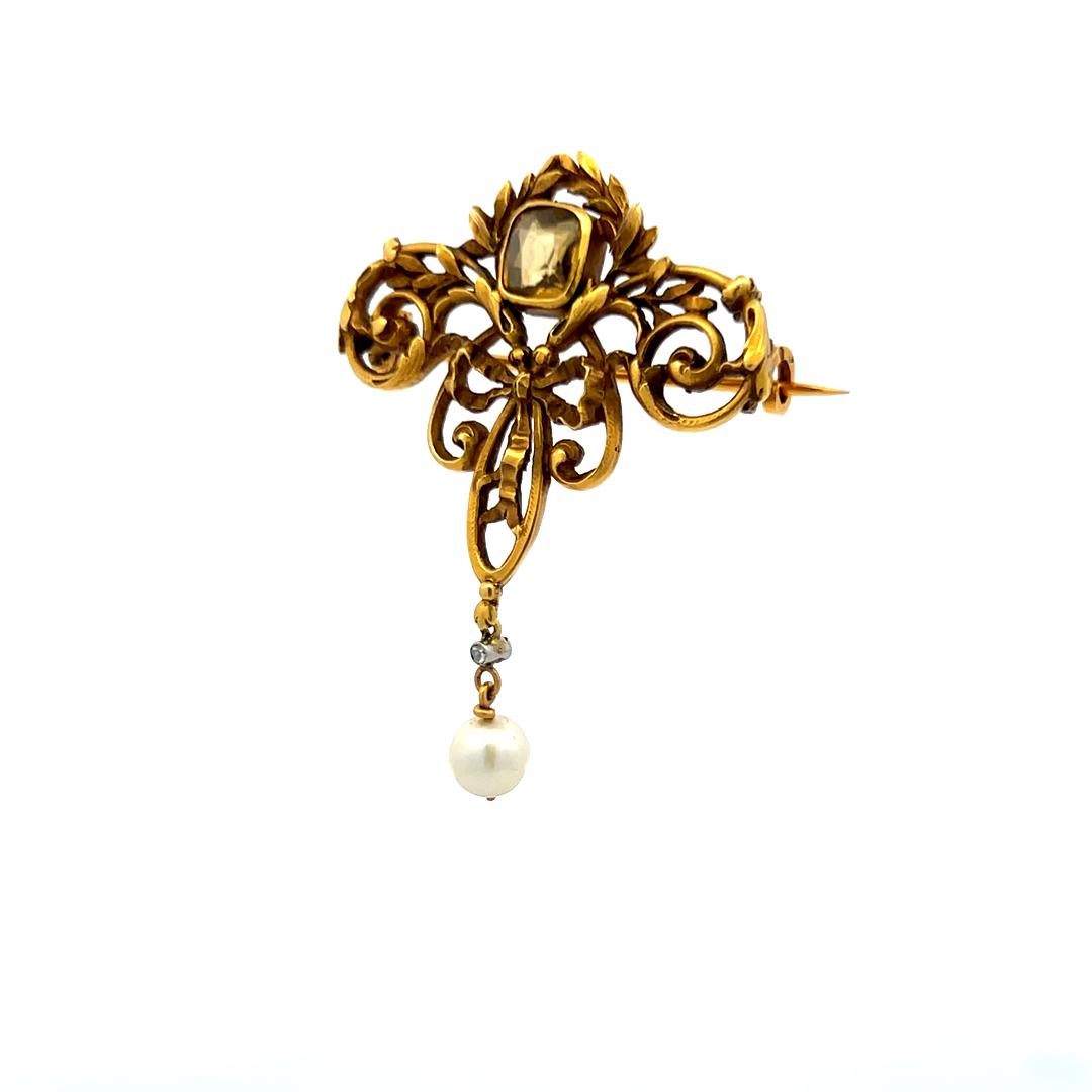 1.00 Carat Citrine 5.8MM Pearl 0.01 Carat Diamond 18K Yellow Gold Pin Brooch