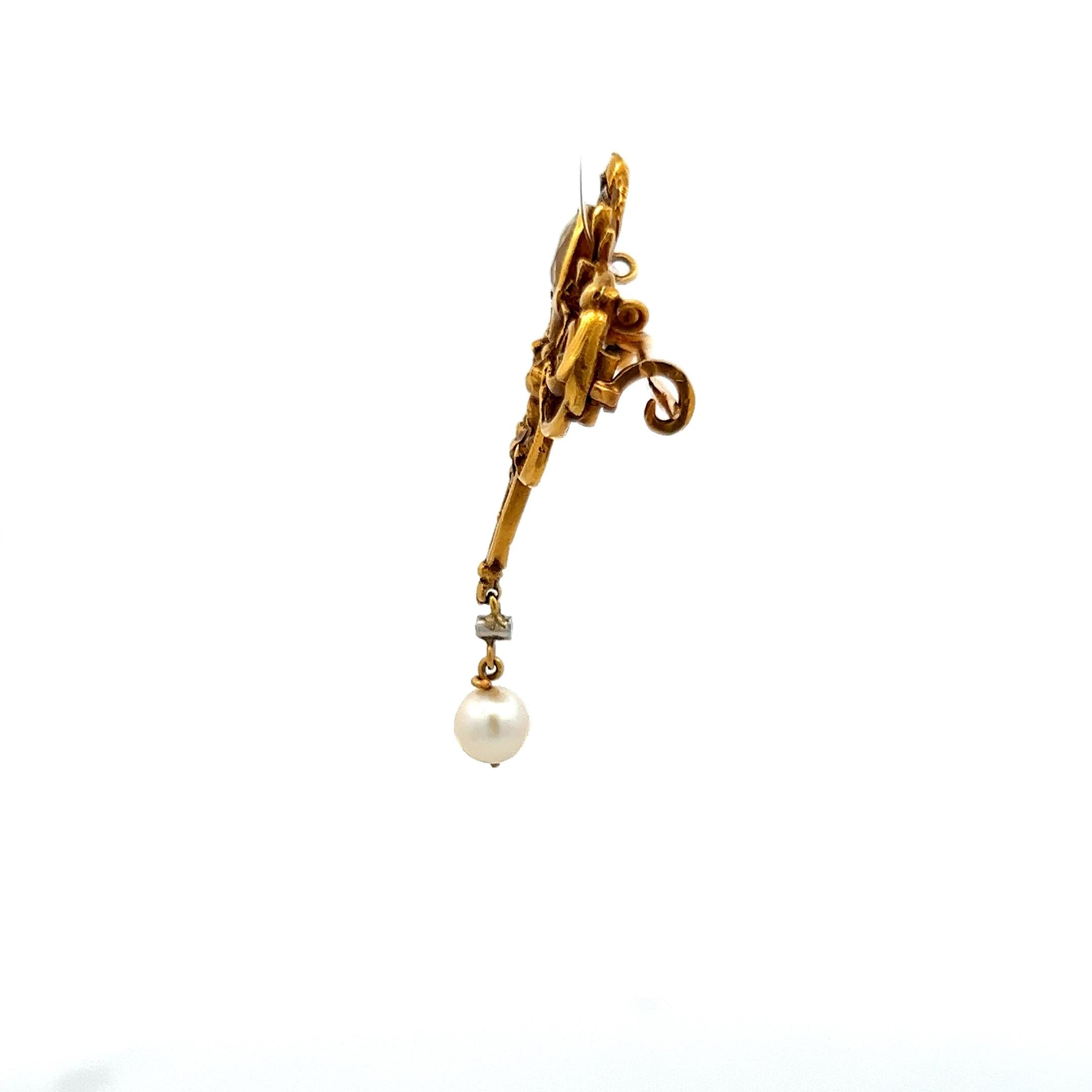 1.00 Carat Citrine 5.8MM Pearl 0.01 Carat Diamond 18K Yellow Gold Pin Brooch