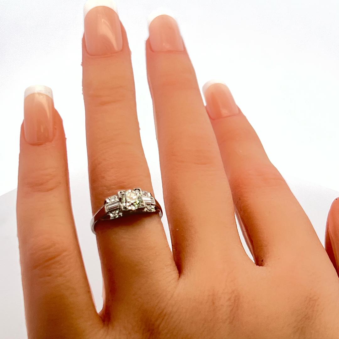 0.78 Carat Old European and Baguette Diamond Platinum Art Deco Ring