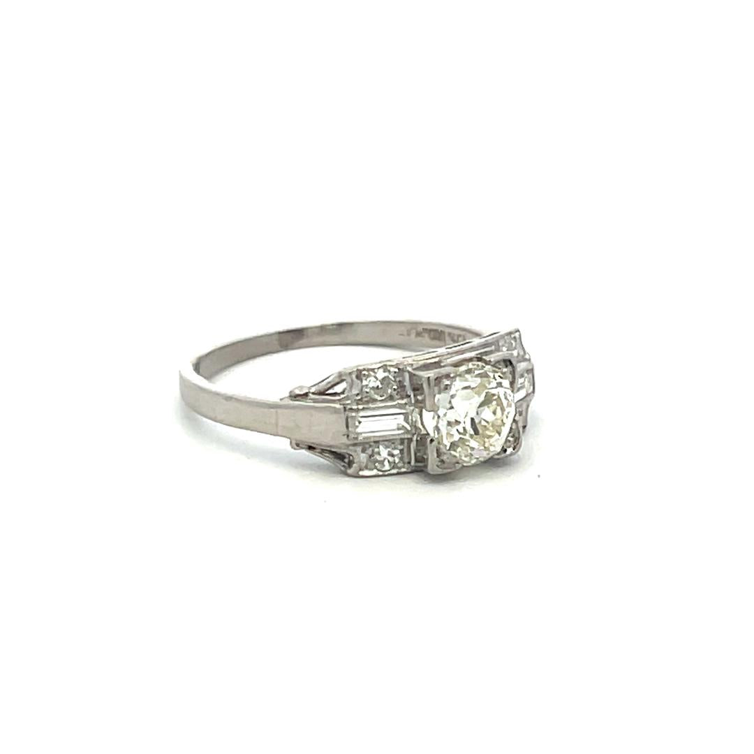 0.78 Carat Old European and Baguette Diamond Platinum Art Deco Ring