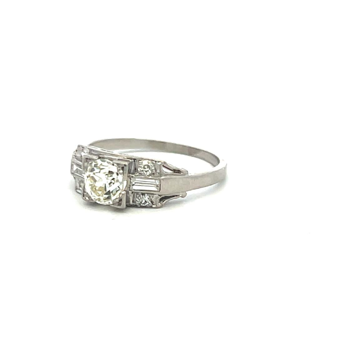 0.78 Carat Old European and Baguette Diamond Platinum Art Deco Ring