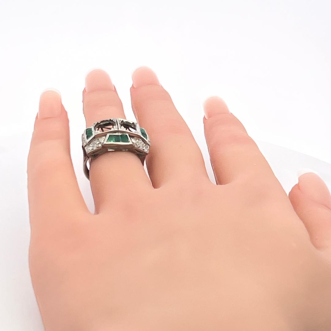 1.00 Carat Emerald 0.56 Carat Old European Cut Diamond Platinum Semi Mount Ring