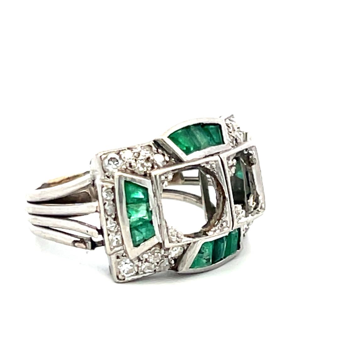 1.00 Carat Emerald 0.56 Carat Old European Cut Diamond Platinum Semi Mount Ring