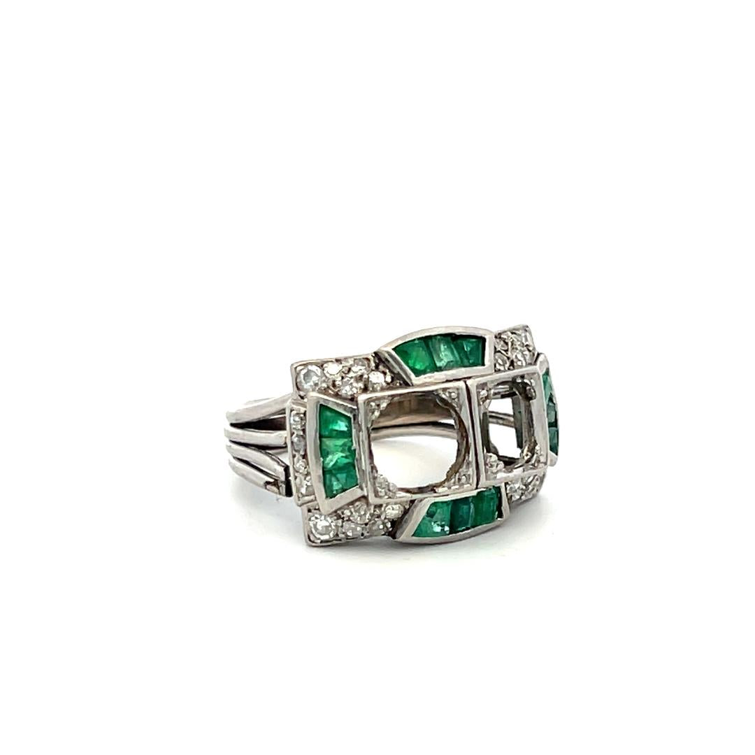 1.00 Carat Emerald 0.56 Carat Old European Cut Diamond Platinum Semi Mount Ring