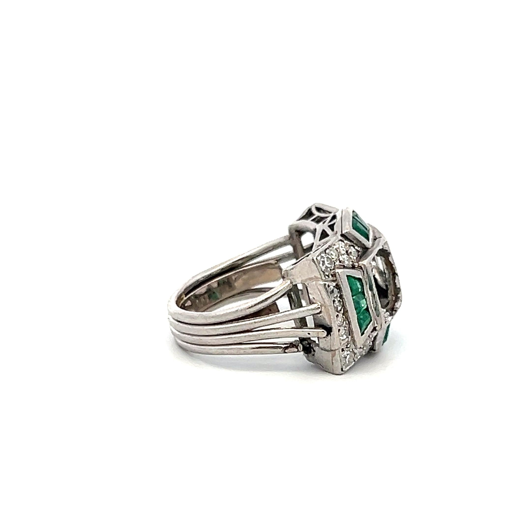 1.00 Carat Emerald 0.56 Carat Old European Cut Diamond Platinum Semi Mount Ring