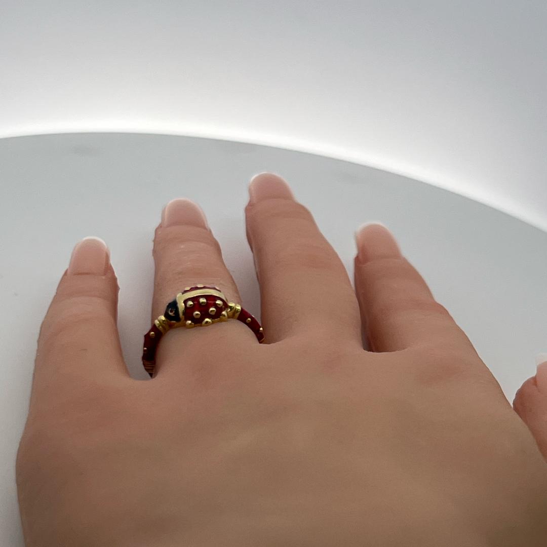 Hidalgo 18K Yellow Gold Enamel Ladybug Cocktail Ring with Signature Detailing