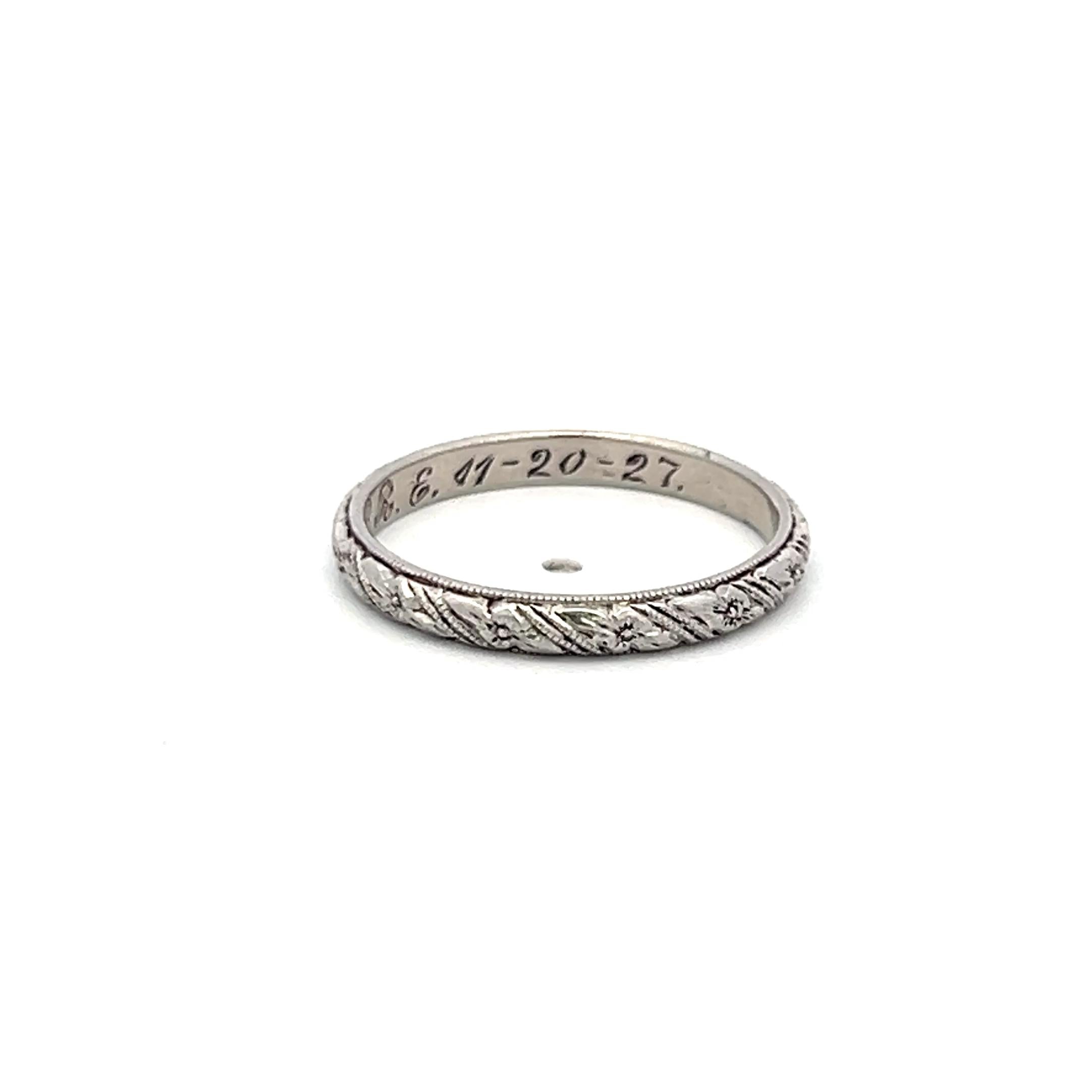 Vintage Platinum Hand Engraved Band Ring Size 5 width 2.2 MM