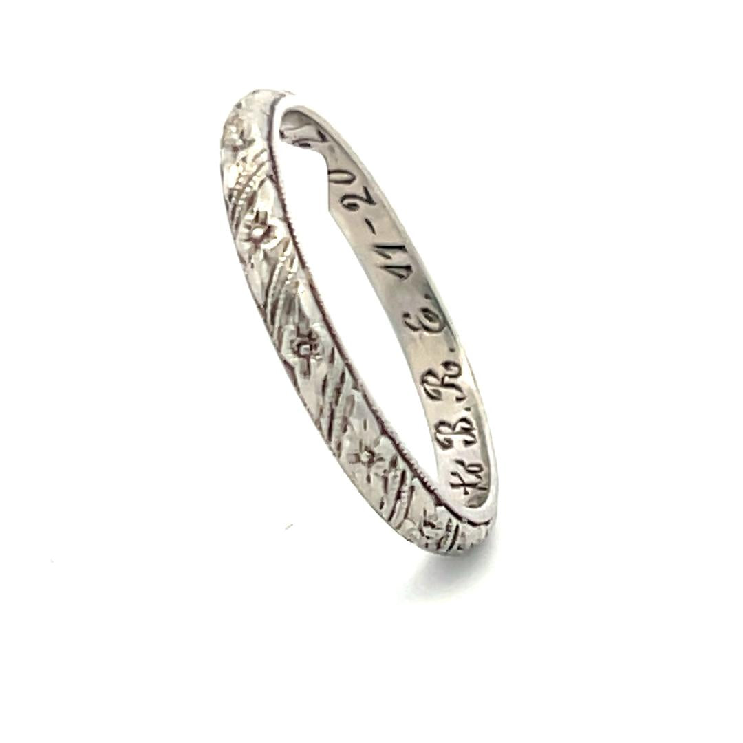 Vintage Platinum Hand Engraved Band Ring Size 5 width 2.2 MM