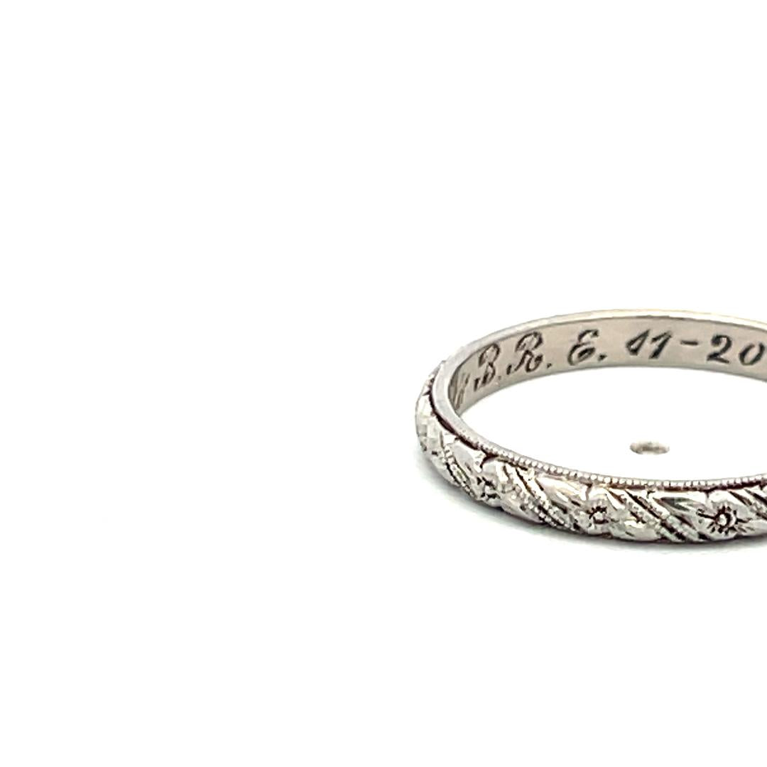 Vintage Platinum Hand Engraved Band Ring Size 5 width 2.2 MM