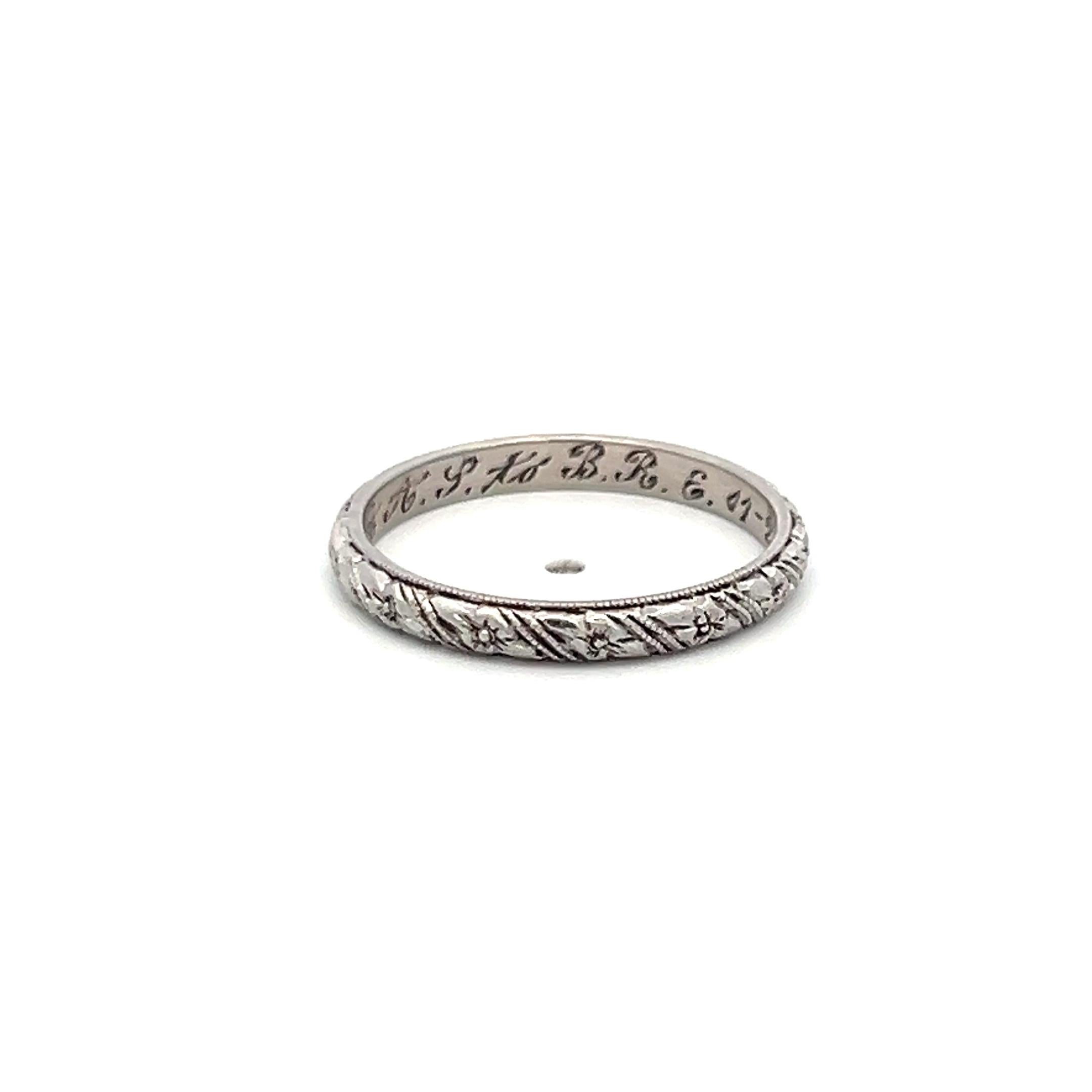 Vintage Platinum Hand Engraved Band Ring Size 5 width 2.2 MM
