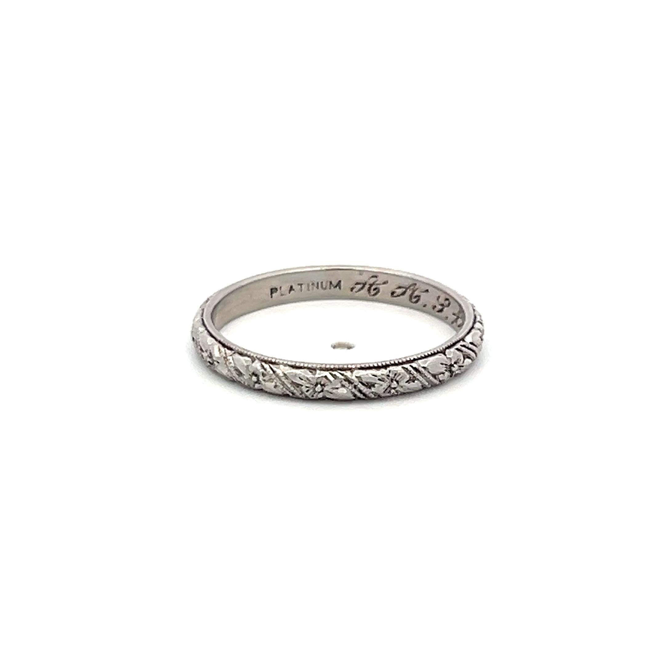 Vintage Platinum Hand Engraved Band Ring Size 5 width 2.2 MM