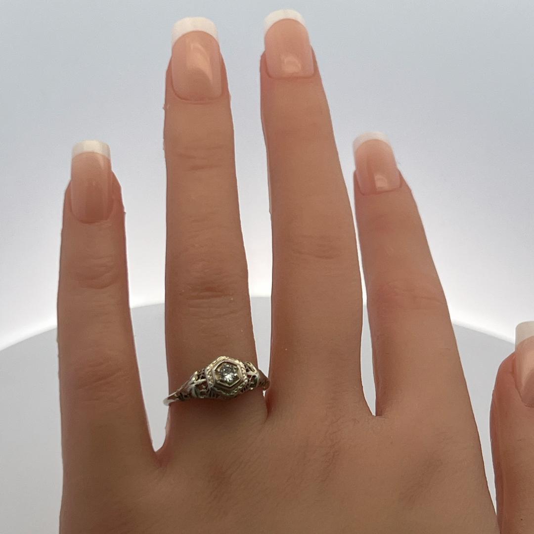 0.15ct Old European Cut Diamond White Gold Art Deco Ring (F VS)