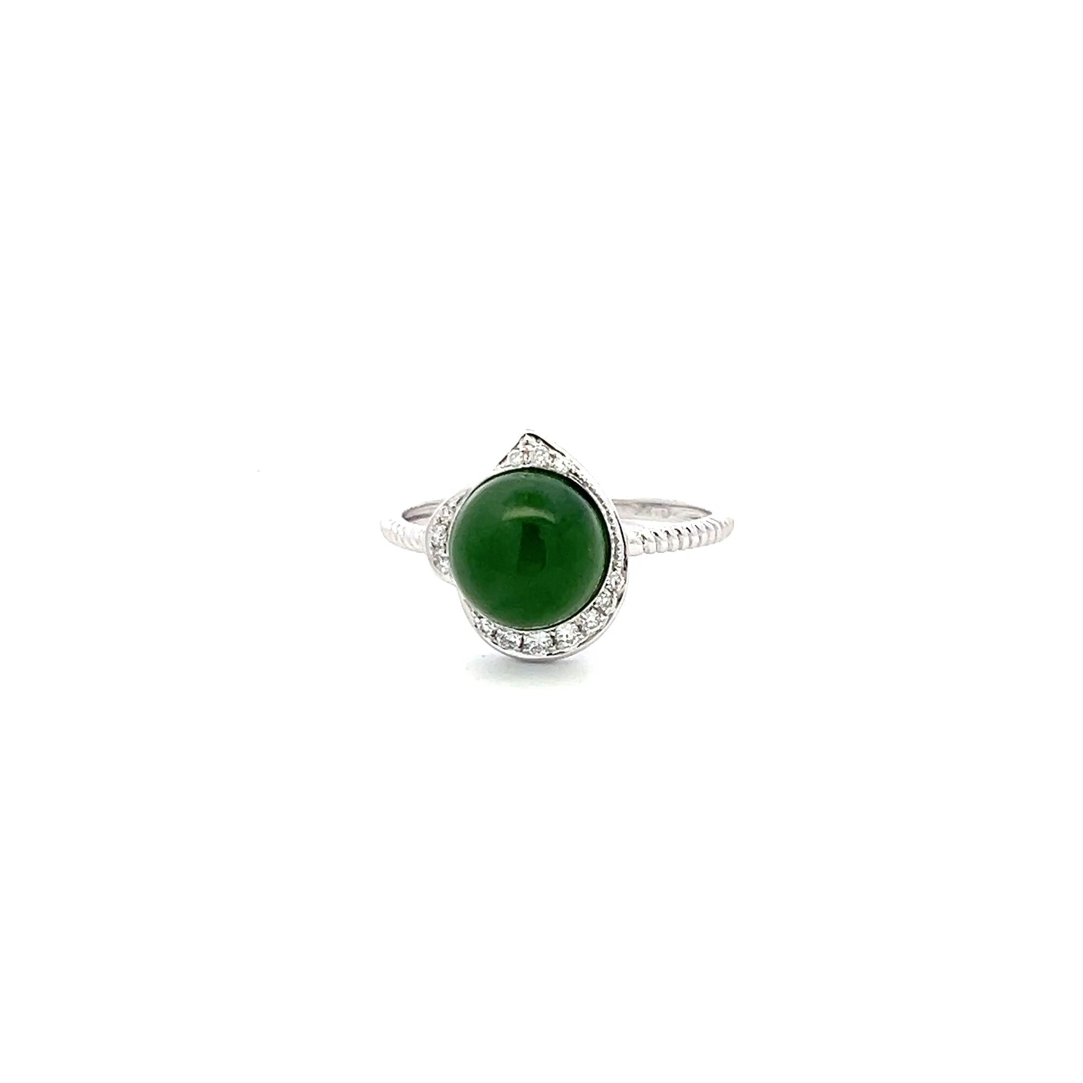 7.6 MM Jade 0.05 Carat Round Brilliant Diamond 18K White Gold Engagement Ring